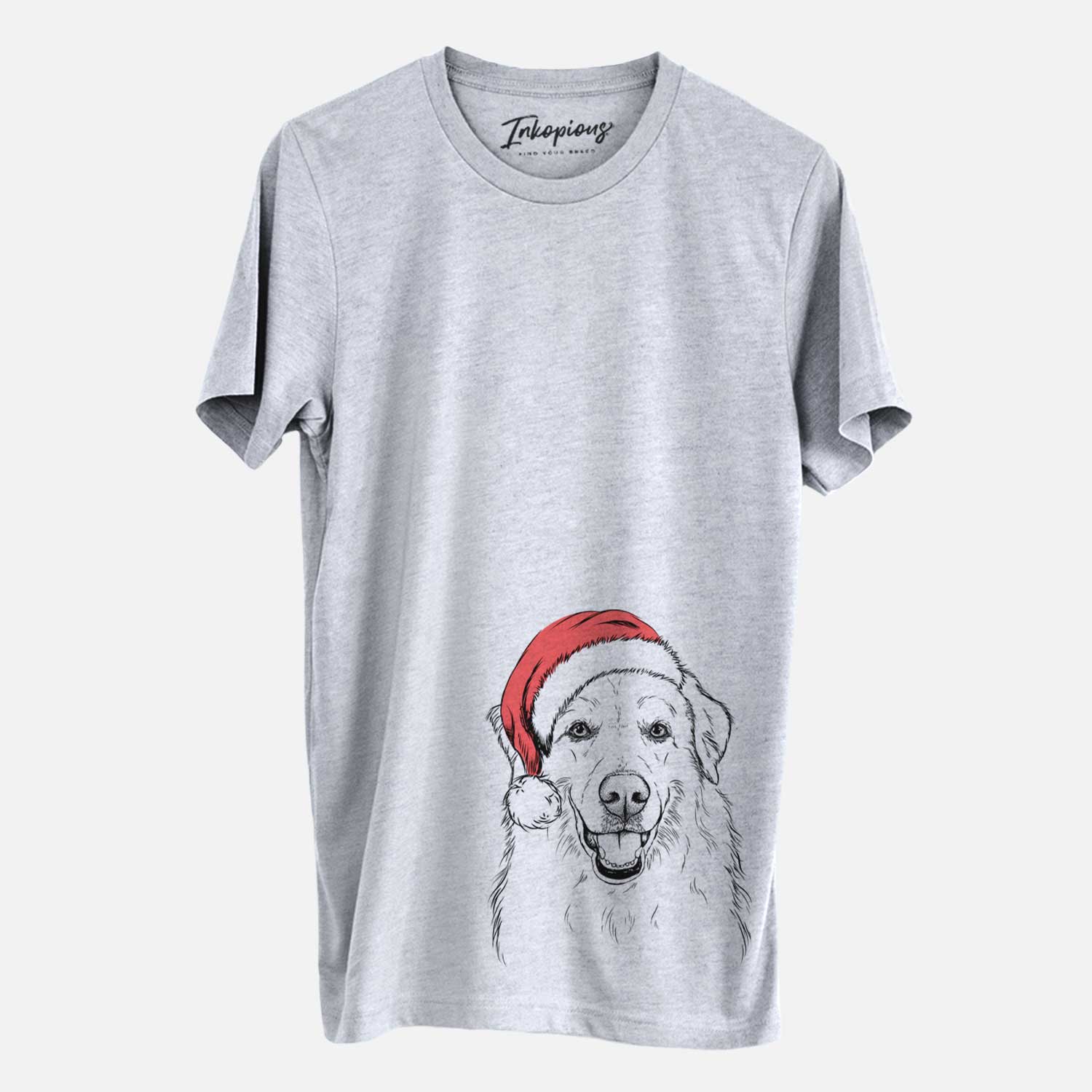 Hand-drawn sketch of Meg the Great Pyrenees wearing a Santa hat on a Grey Unisex crewneck
