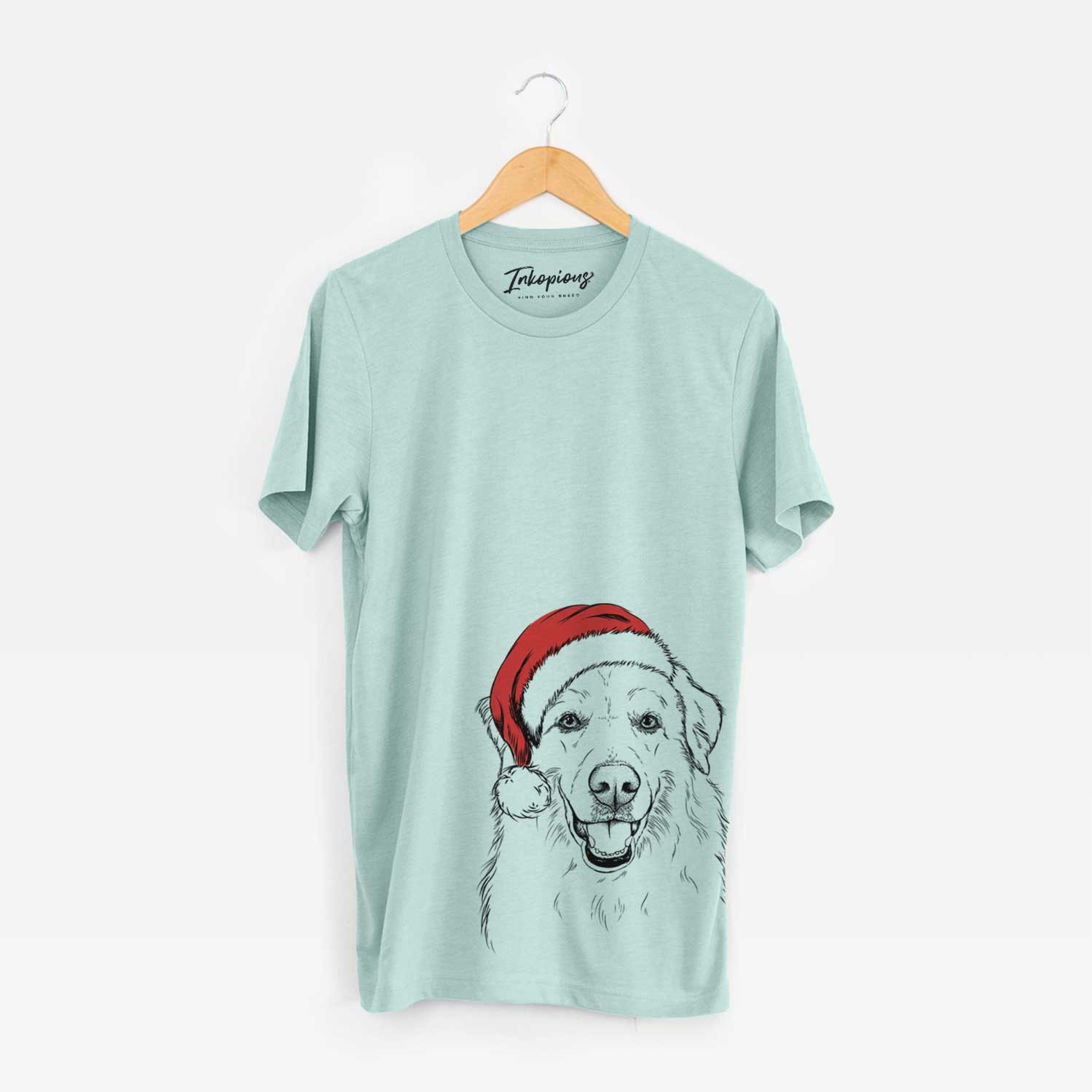 Hand-drawn sketch of Meg the Great Pyrenees wearing a Santa hat on a Heather Sage Unisex crewneck