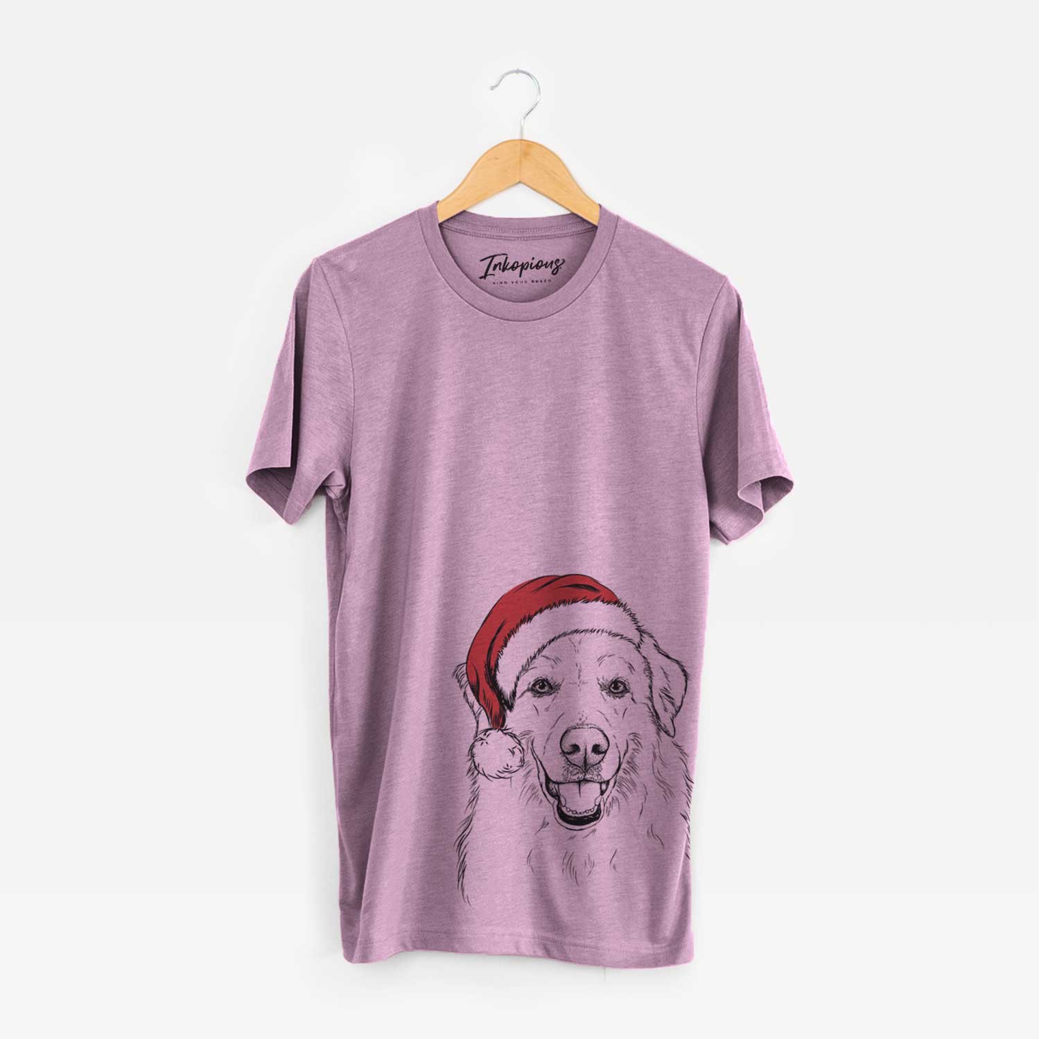 Hand-drawn sketch of Meg the Great Pyrenees wearing a Santa hat on an Orchid Unisex crewneck