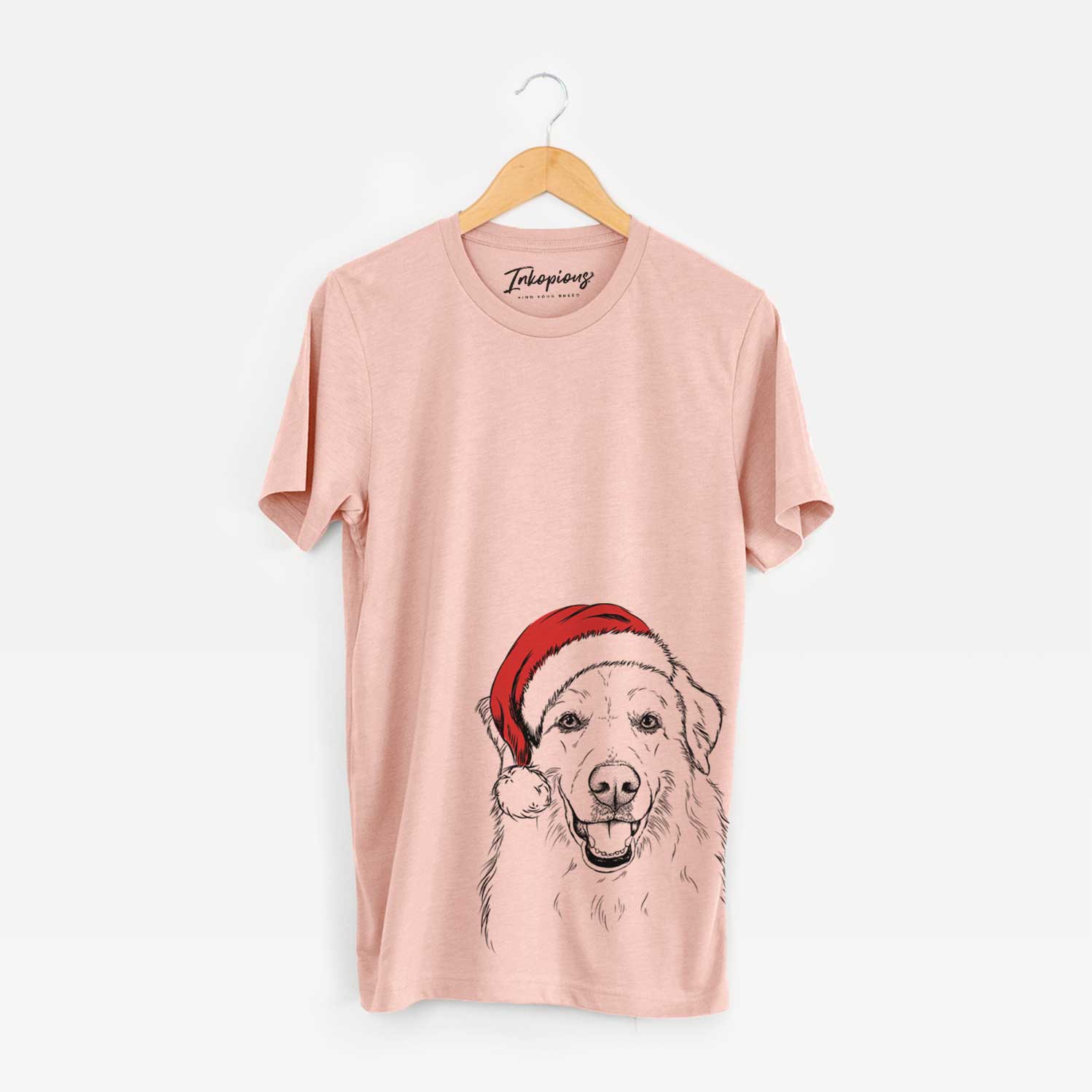Hand-drawn sketch of Meg the Great Pyrenees wearing a Santa hat on a Peach Unisex crewneck