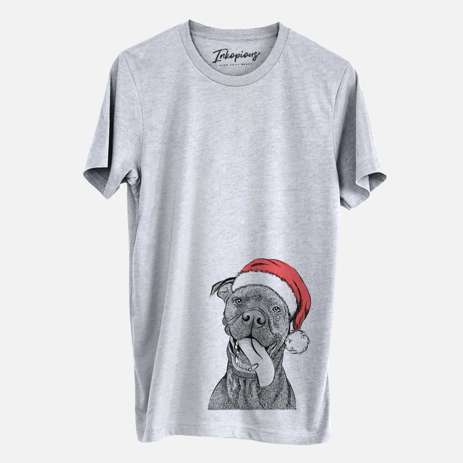 Hand-drawn sketch of Mikey the Boxador wearing a Santa hat on a Grey Unisex crewneck