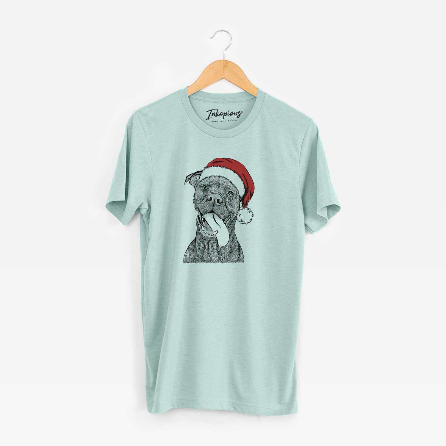 Hand-drawn sketch of Mikey the Boxador wearing a Santa hat on a Heather Sage Unisex crewneck