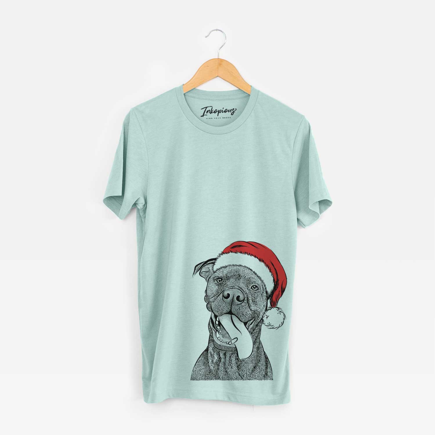 Hand-drawn sketch of Mikey the Boxador wearing a Santa hat on a Heather Sage Unisex crewneck