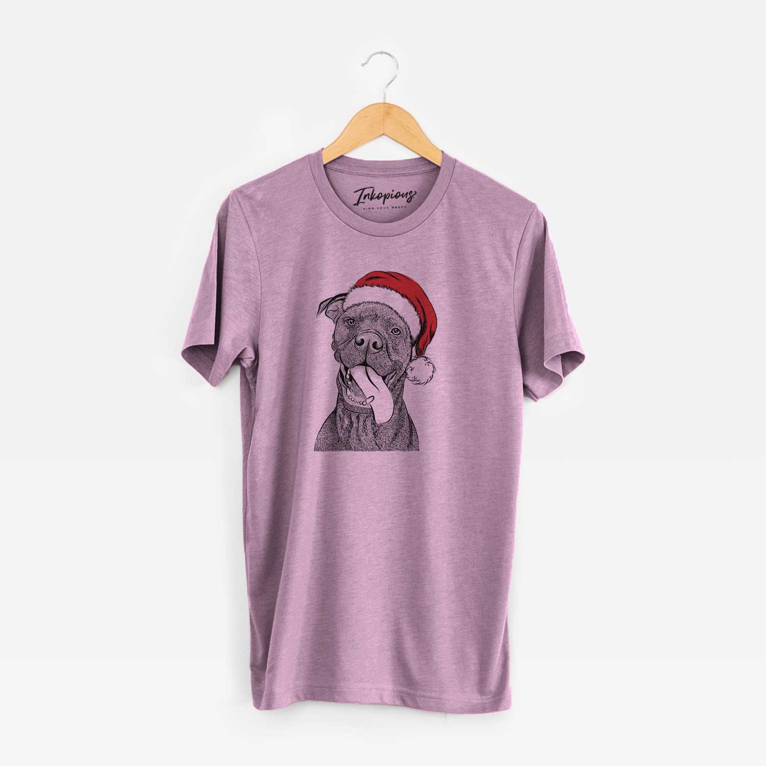 Hand-drawn sketch of Mikey the Boxador wearing a Santa hat on an Orchid Unisex crewneck