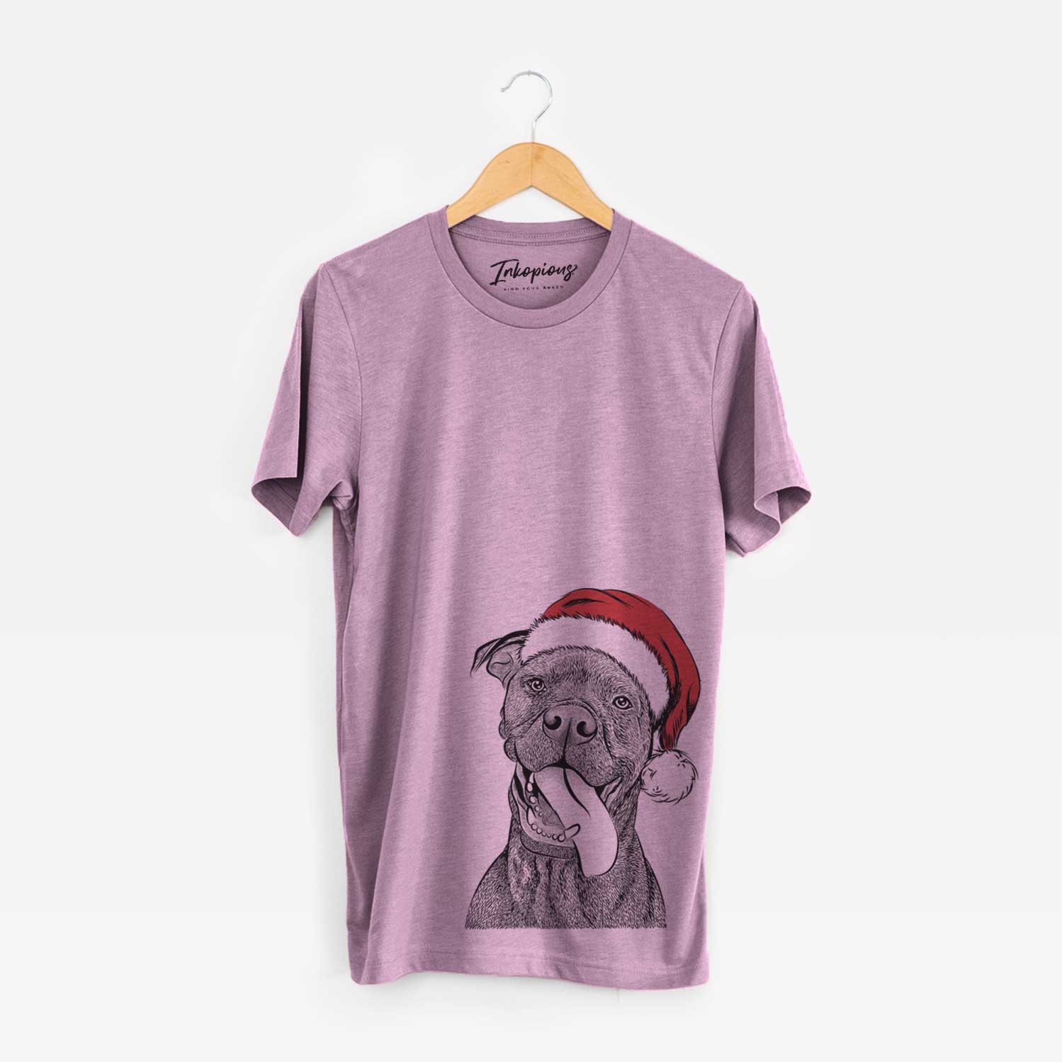 Hand-drawn sketch of Mikey the Boxador wearing a Santa hat on an Orchid Unisex crewneck