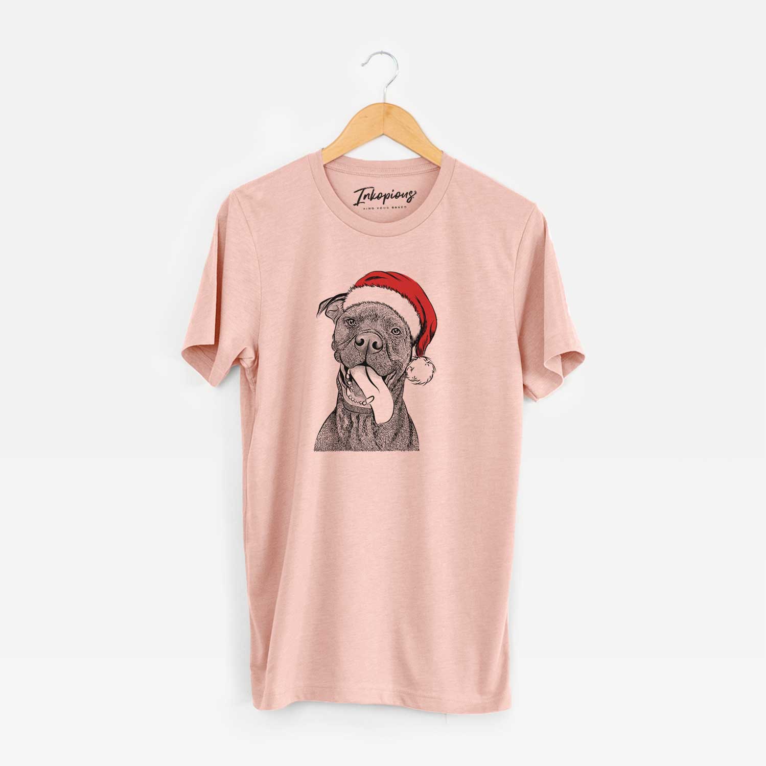 Hand-drawn sketch of Mikey the Boxador wearing a Santa hat on a Peach Unisex crewneck