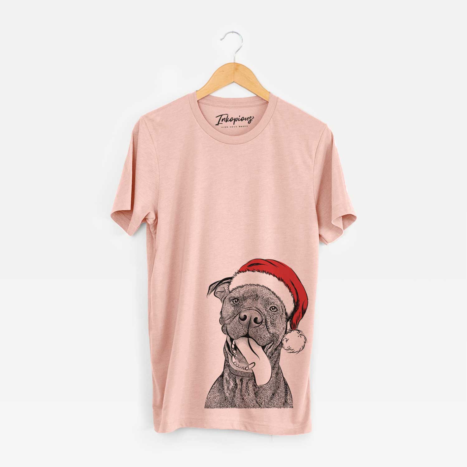 Hand-drawn sketch of Mikey the Boxador wearing a Santa hat on a Peach Unisex crewneck