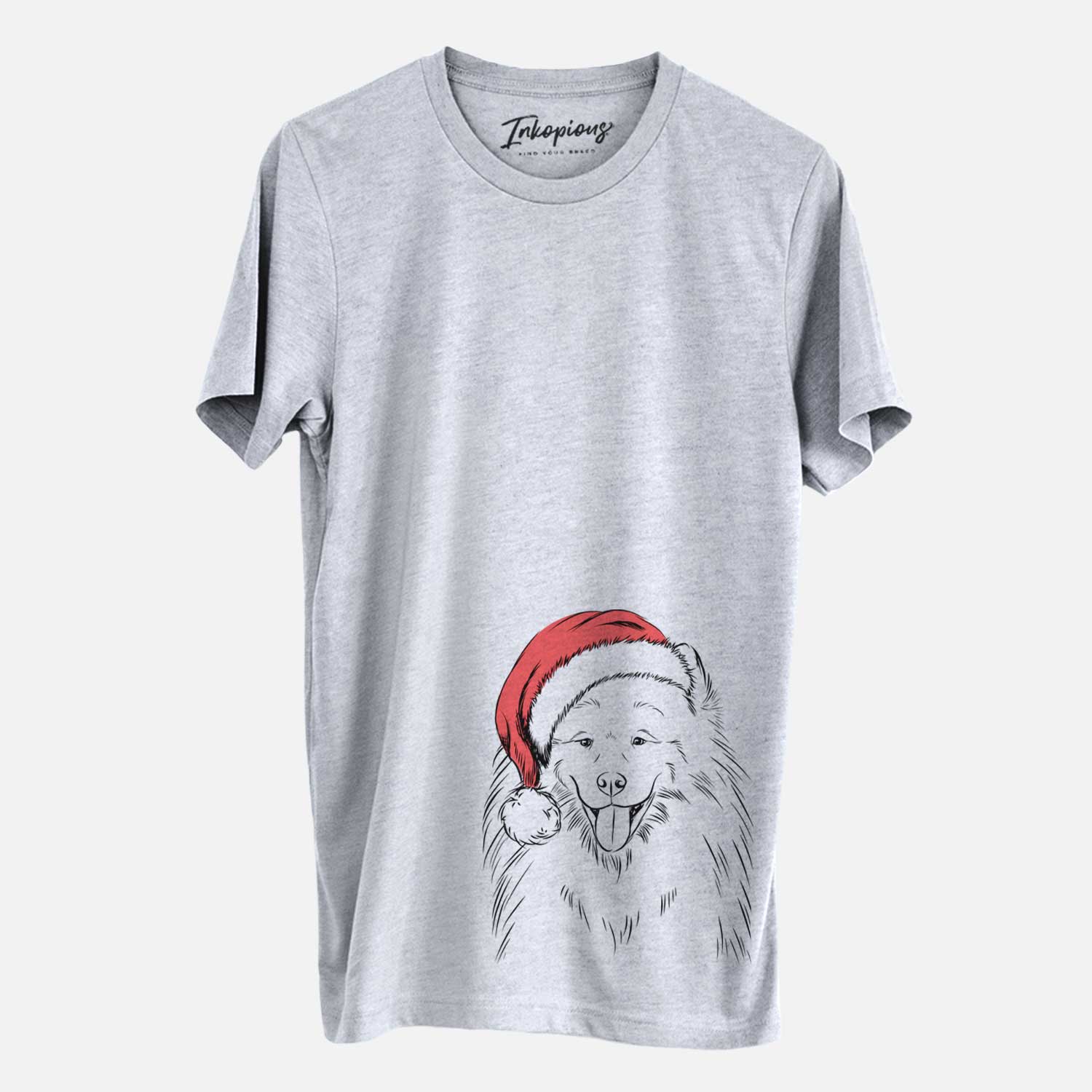 Hand-drawn sketch of Mikko the Samoyed wearing a Santa hat on a Grey Unisex crewneck