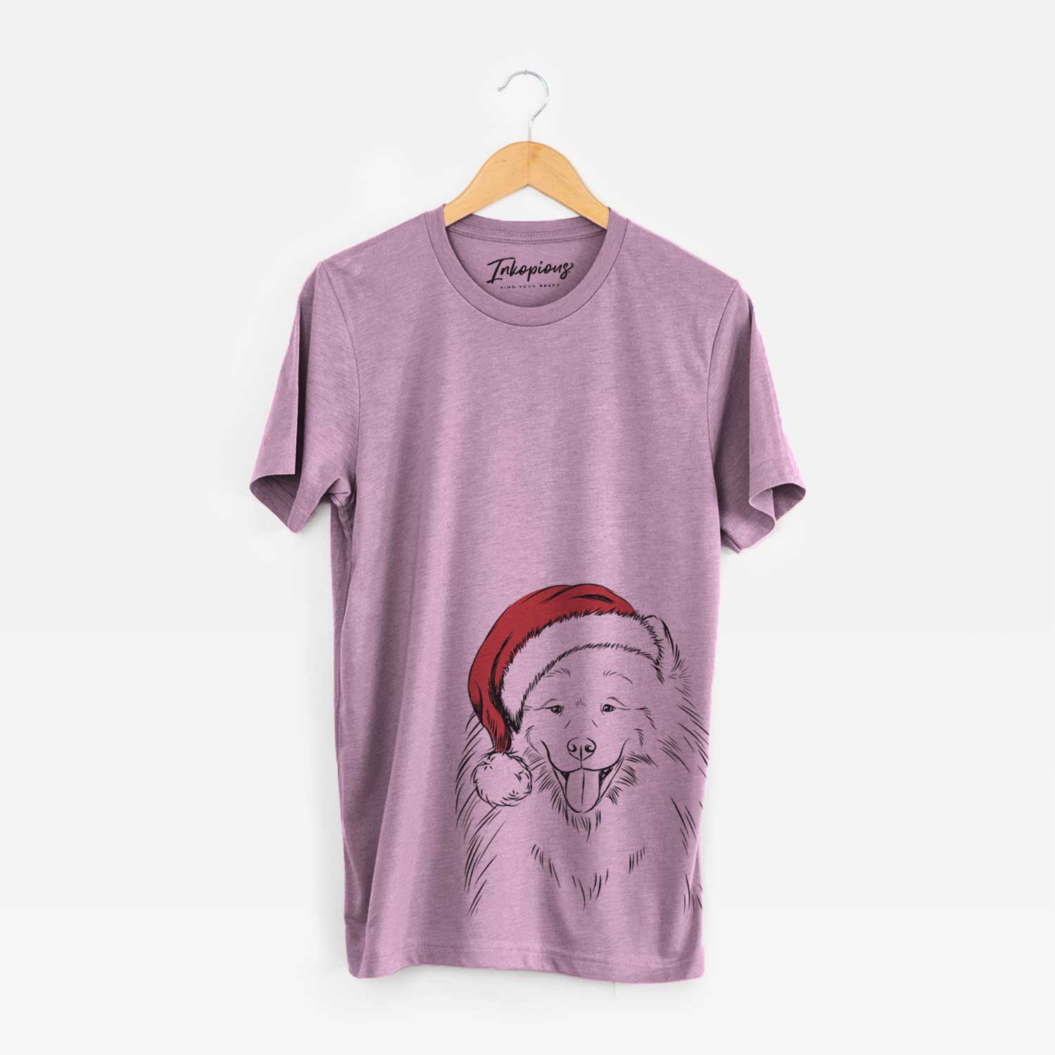 Hand-drawn sketch of Mikko the Samoyed wearing a Santa hat on an Orchid Unisex crewneck