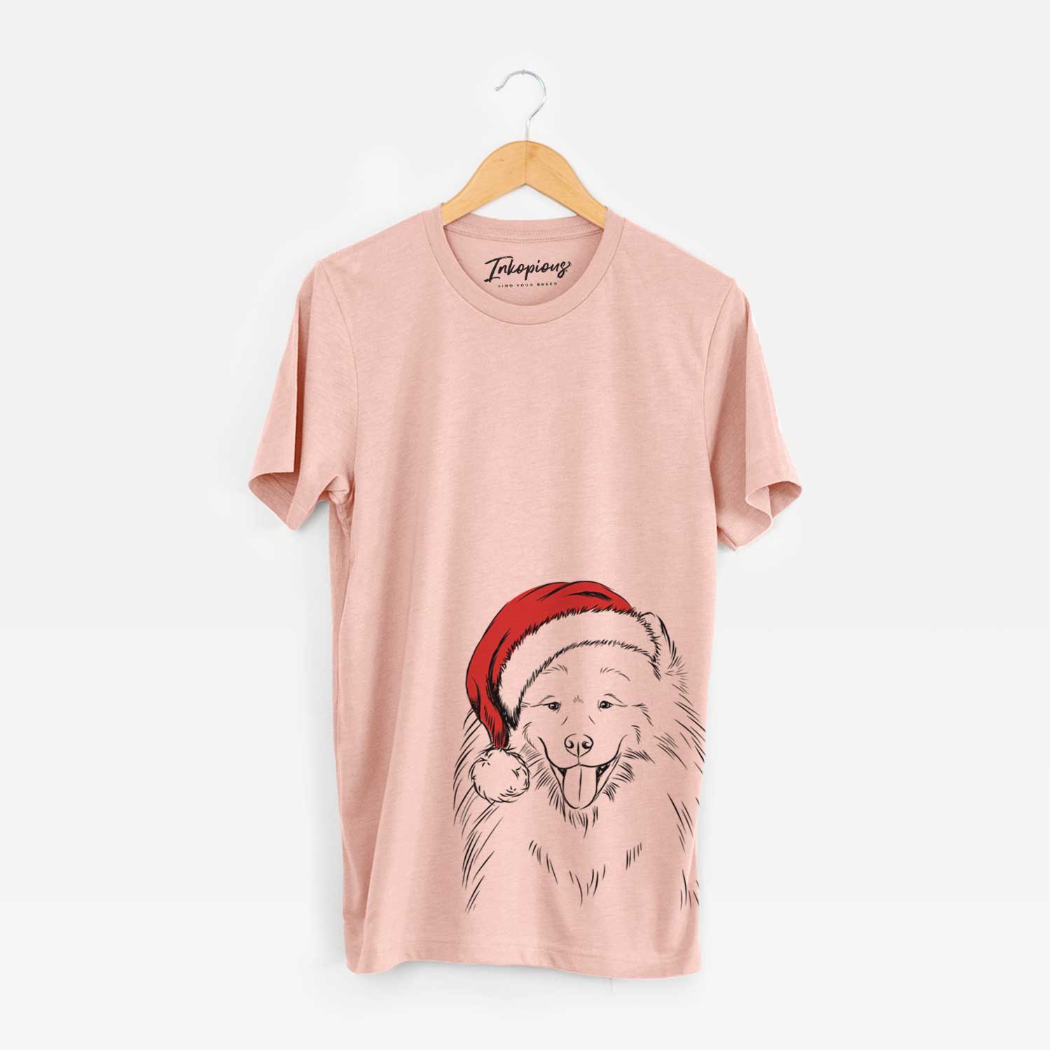Hand-drawn sketch of Mikko the Samoyed wearing a Santa hat on a Peach Unisex crewneck