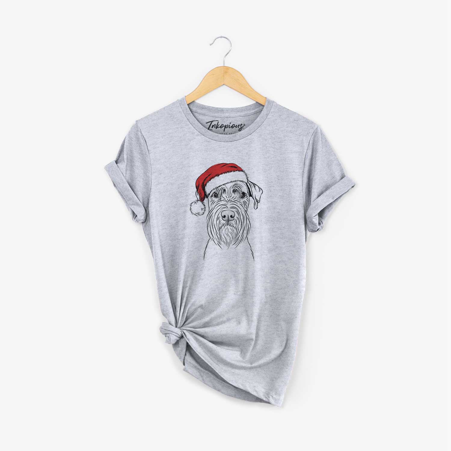 Hand-drawn sketch of Milton the Schnauzer wearing a Santa hat on a Grey Unisex crewneck