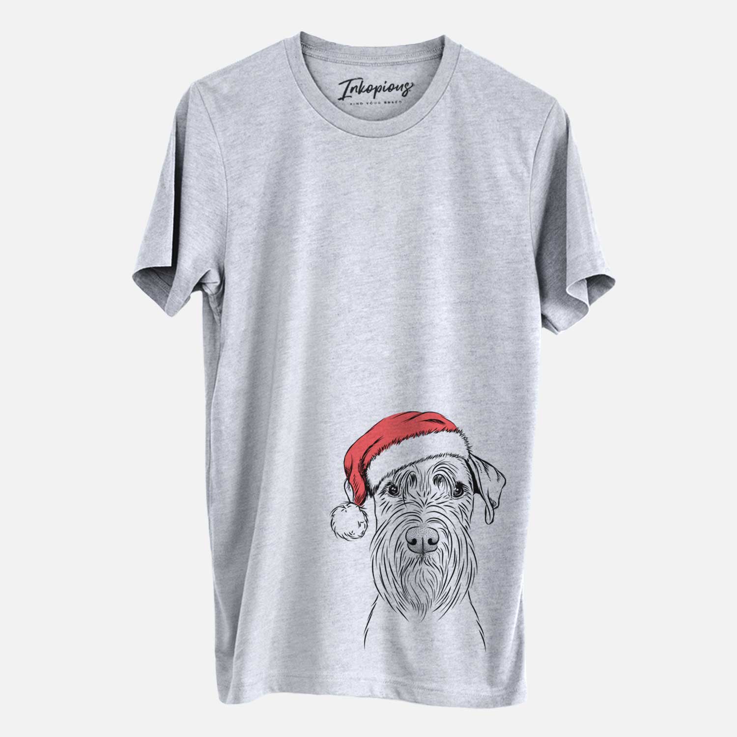 Hand-drawn sketch of Milton the Schnauzer wearing a Santa hat on a Grey Unisex crewneck
