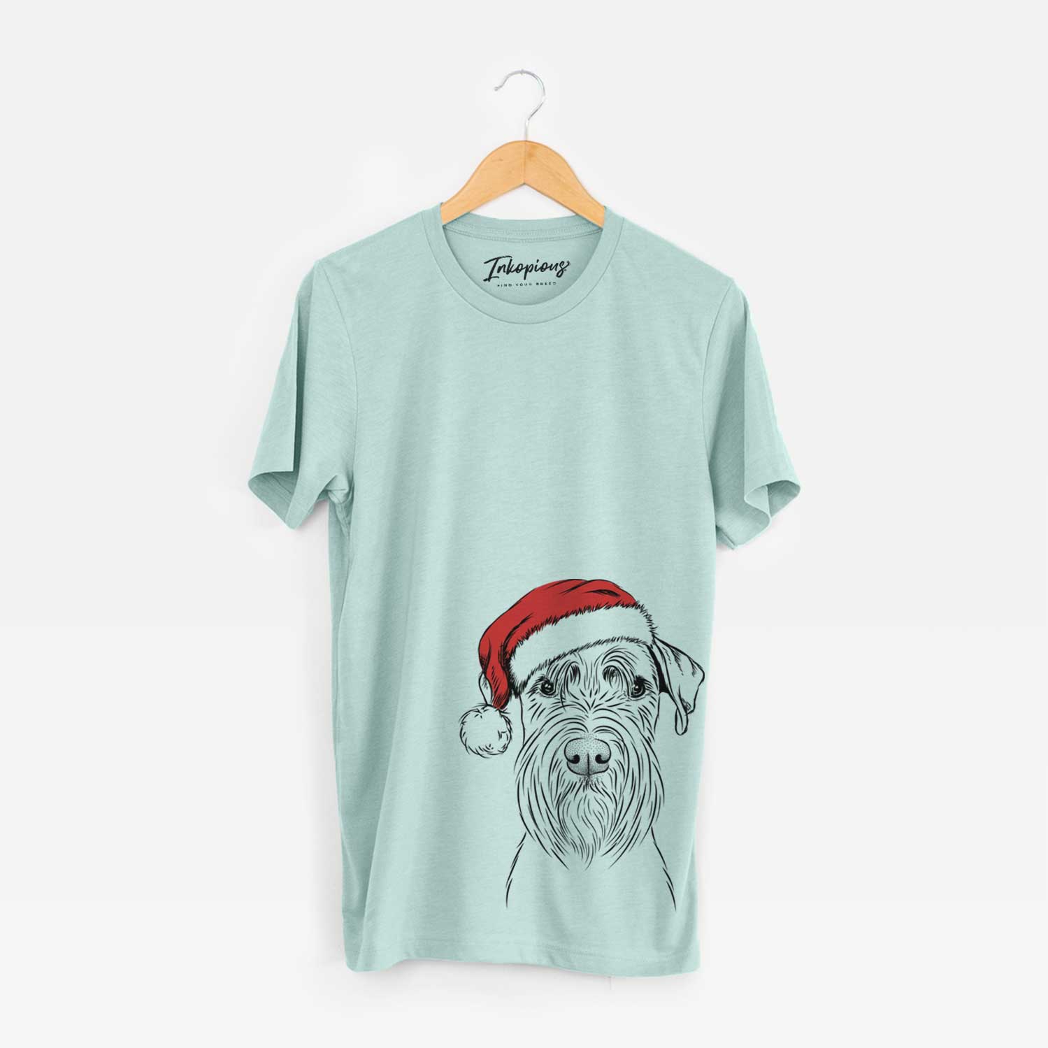 Hand-drawn sketch of Milton the Schnauzer wearing a Santa hat on a Heather Sage Unisex crewneck