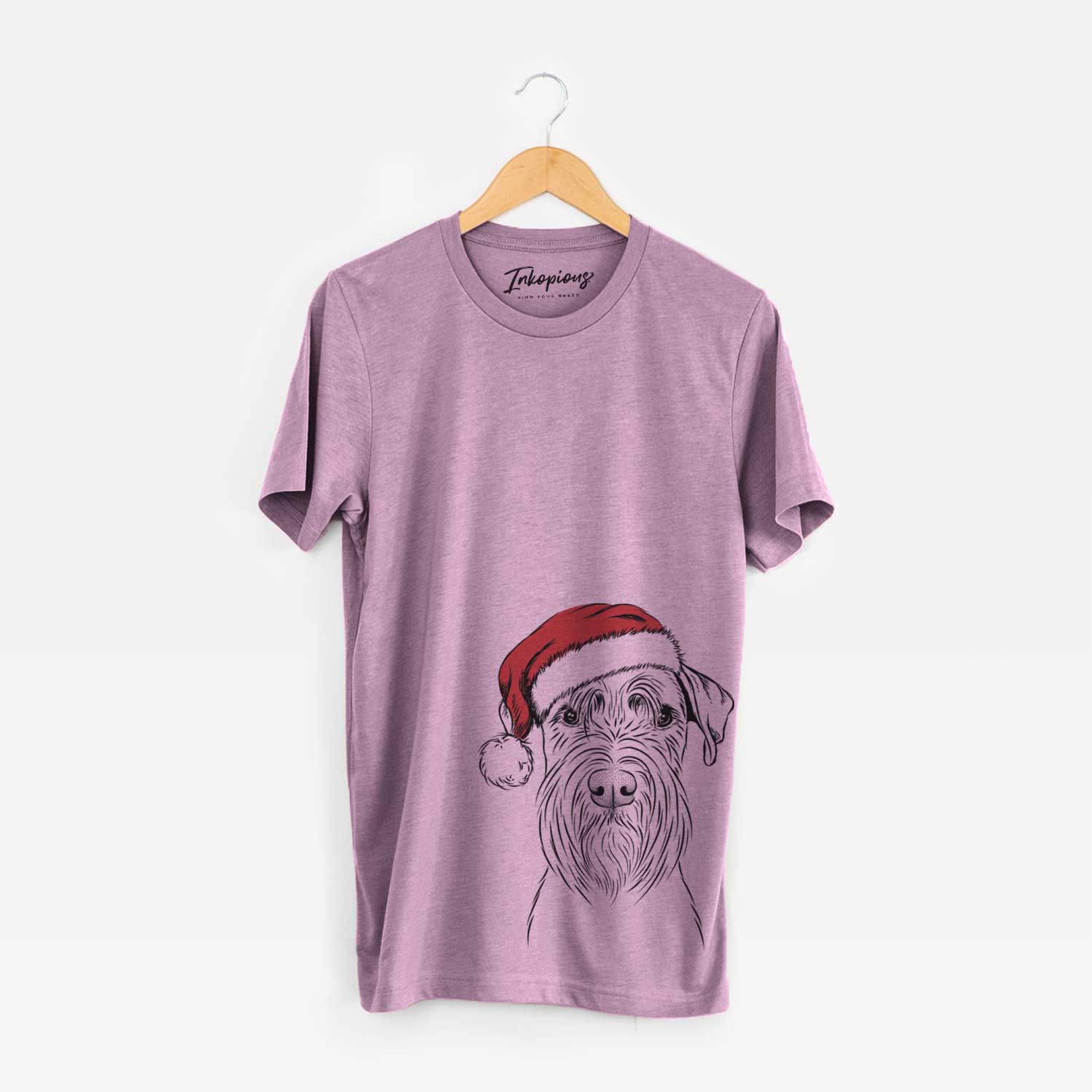 Hand-drawn sketch of Milton the Schnauzer wearing a Santa hat on an Orchid Unisex crewneck