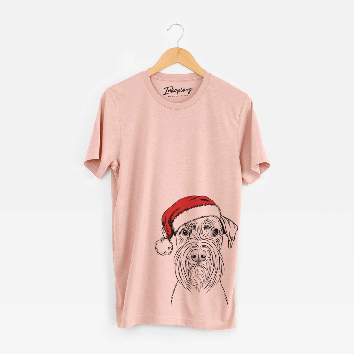 Hand-drawn sketch of Milton the Schnauzer wearing a Santa hat on a Peach Unisex crewneck