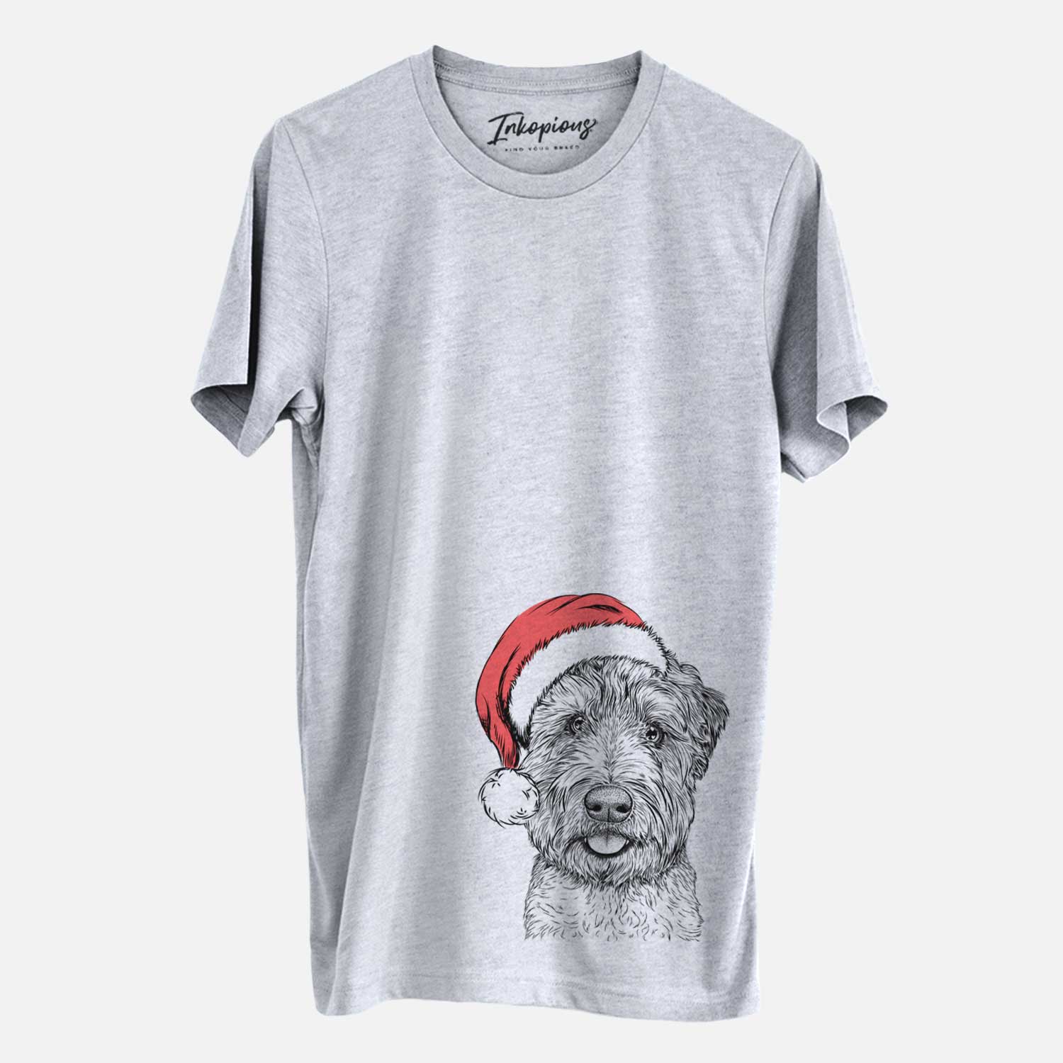 Hand-drawn sketch of Milton the Soft Coated Wheaten Terrier wearing a Santa hat on a Grey Unisex crewneck