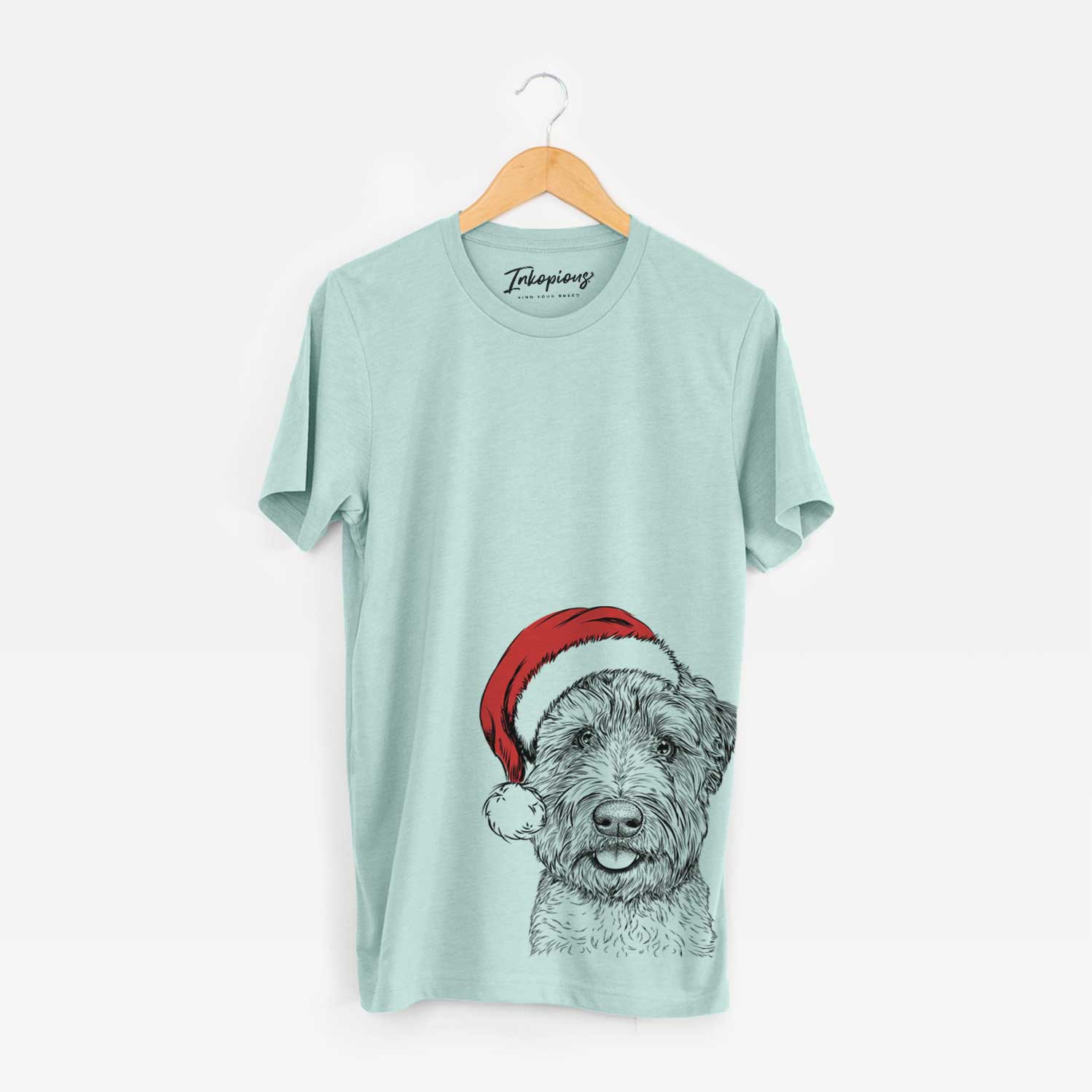 Hand-drawn sketch of Milton the Soft Coated Wheaten Terrier wearing a Santa hat on a Heather Sage Unisex crewneck
