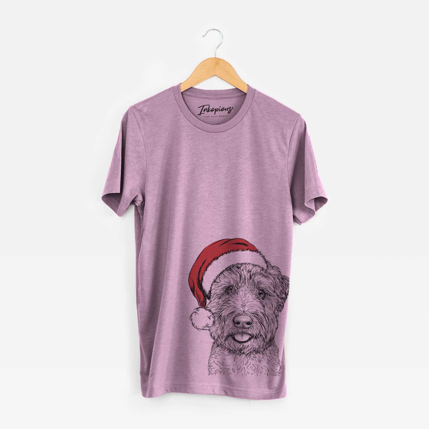 Hand-drawn sketch of Milton the Soft Coated Wheaten Terrier wearing a Santa hat on an Orchid Unisex crewneck