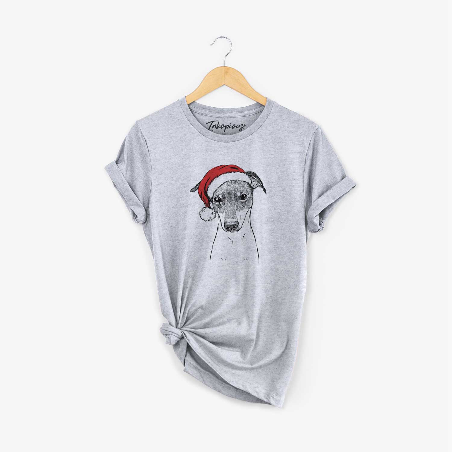 Hand-drawn sketch of Momo the Japanese Terrier wearing a Santa hat on a Grey Unisex crewneck