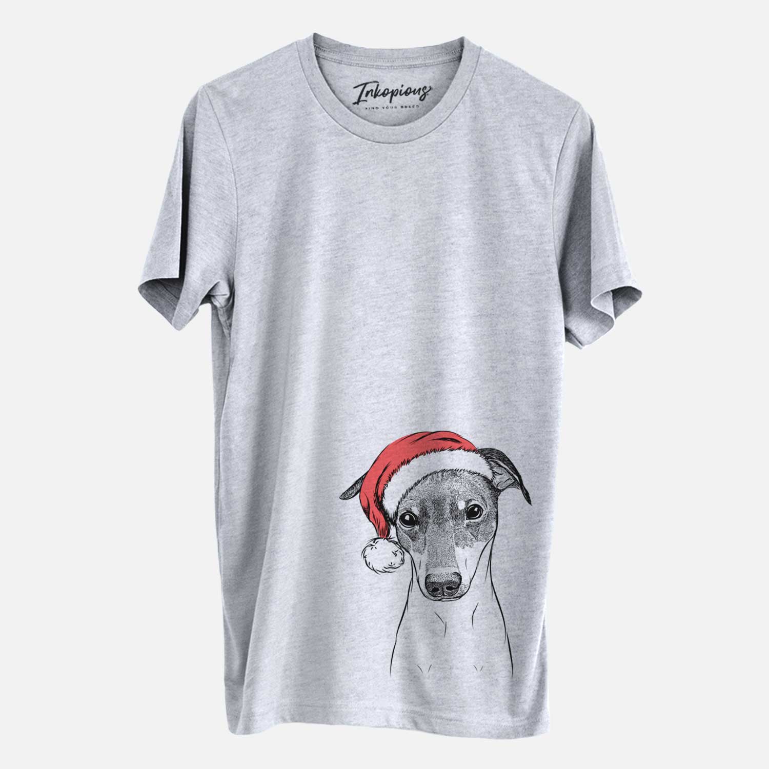 Hand-drawn sketch of Momo the Japanese Terrier wearing a Santa hat on a Grey Unisex crewneck