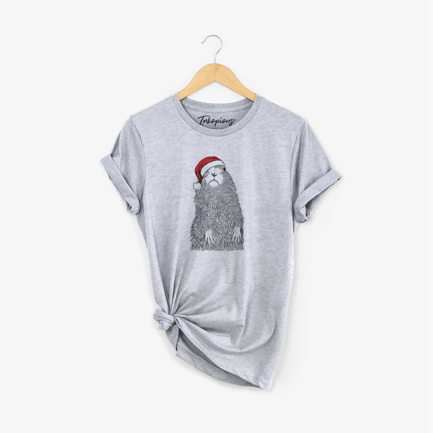 Hand-drawn sketch of Mr. Otis the Prairie Dog wearing a Santa hat on a Grey Unisex crewneck