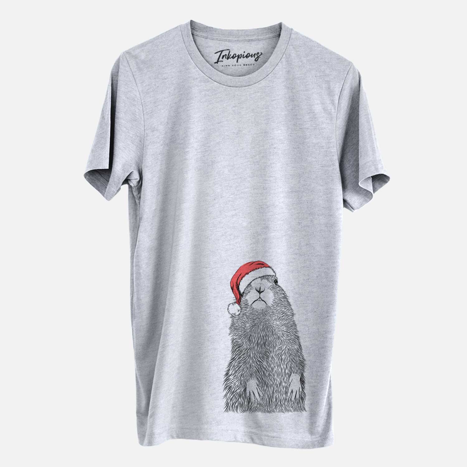 Hand-drawn sketch of Mr. Otis the Prairie Dog wearing a Santa hat on a Grey Unisex crewneck
