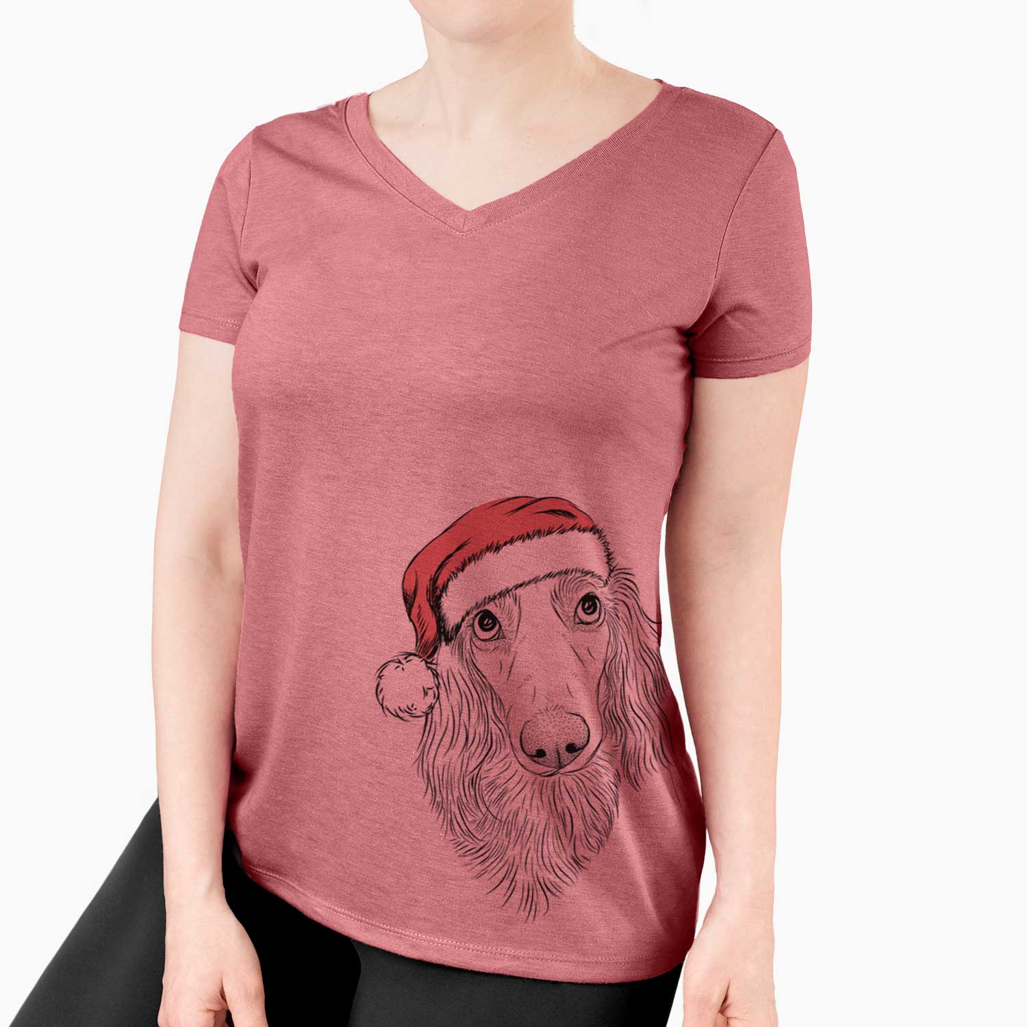 Santa Mr. Rusty the Long Haired Dachshund - Women's V-neck Shirt