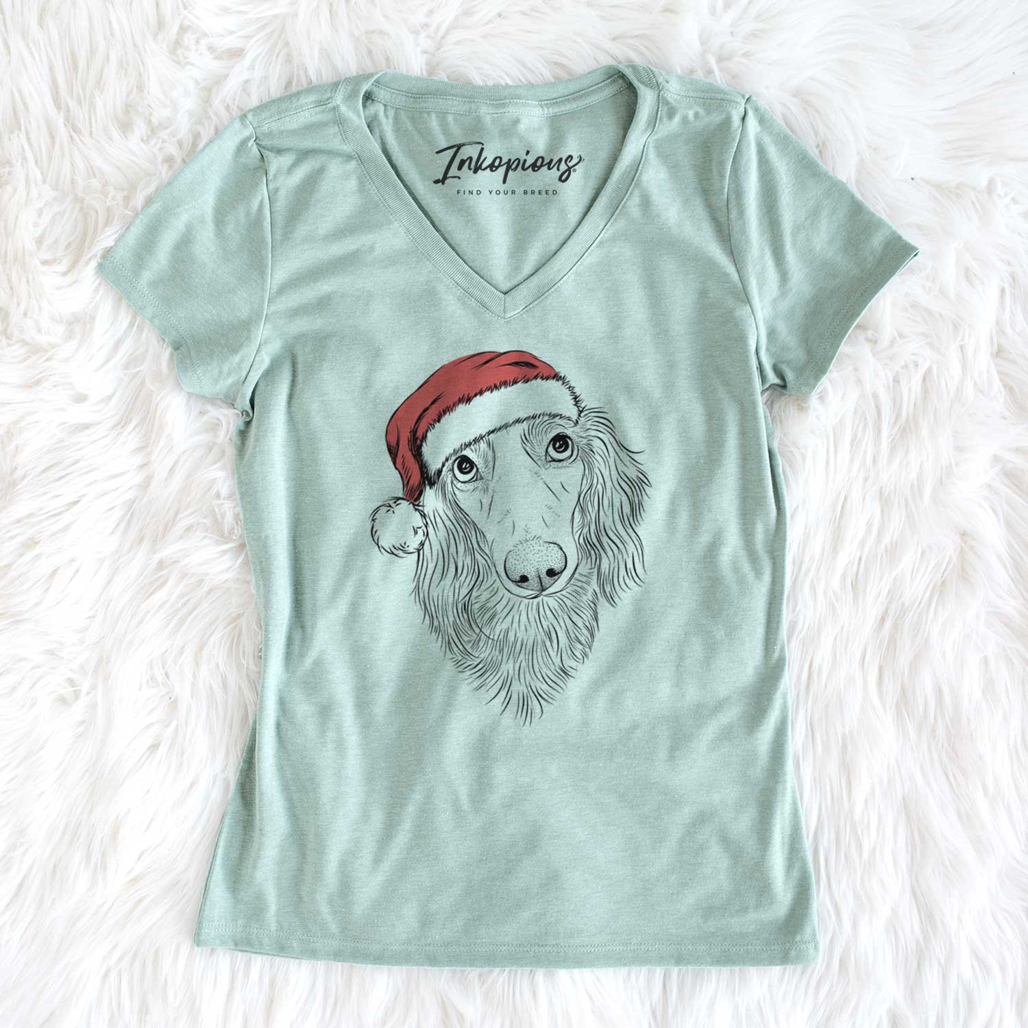 Santa Mr. Rusty the Long Haired Dachshund - Women's V-neck Shirt