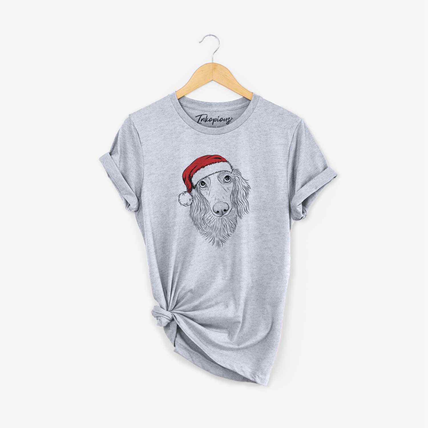 Hand-drawn sketch of Mr. Rusty the Long Haired Dachshund wearing a Santa hat on a Grey Unisex crewneck