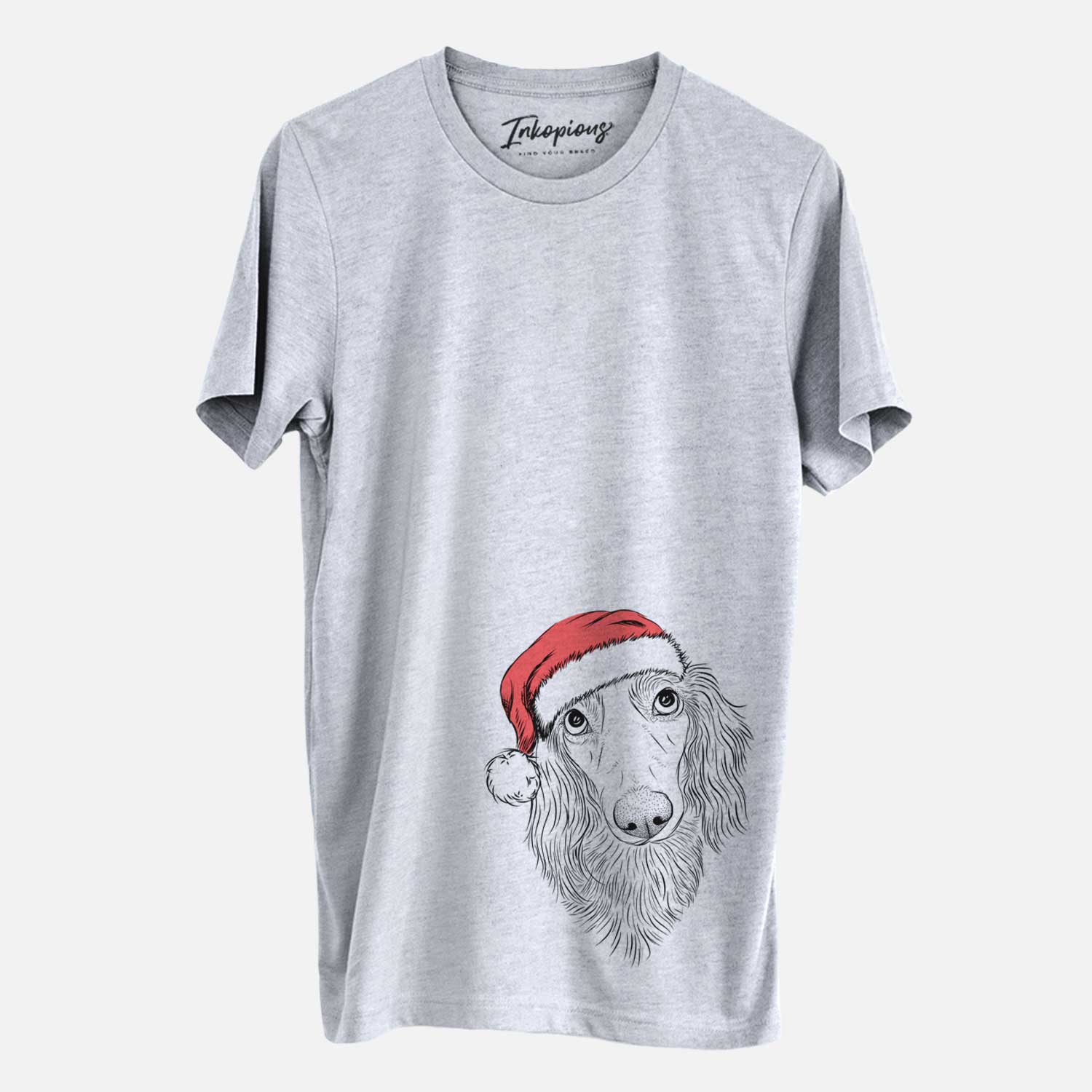 Hand-drawn sketch of Mr. Rusty the Long Haired Dachshund wearing a Santa hat on a Grey Unisex crewneck