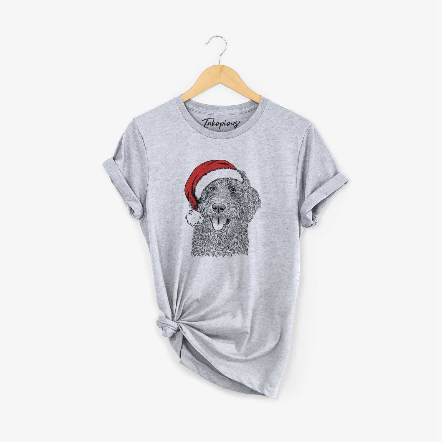 Hand-drawn sketch of Murr Dog the Labradoodle wearing a Santa hat on a Grey Unisex crewneck