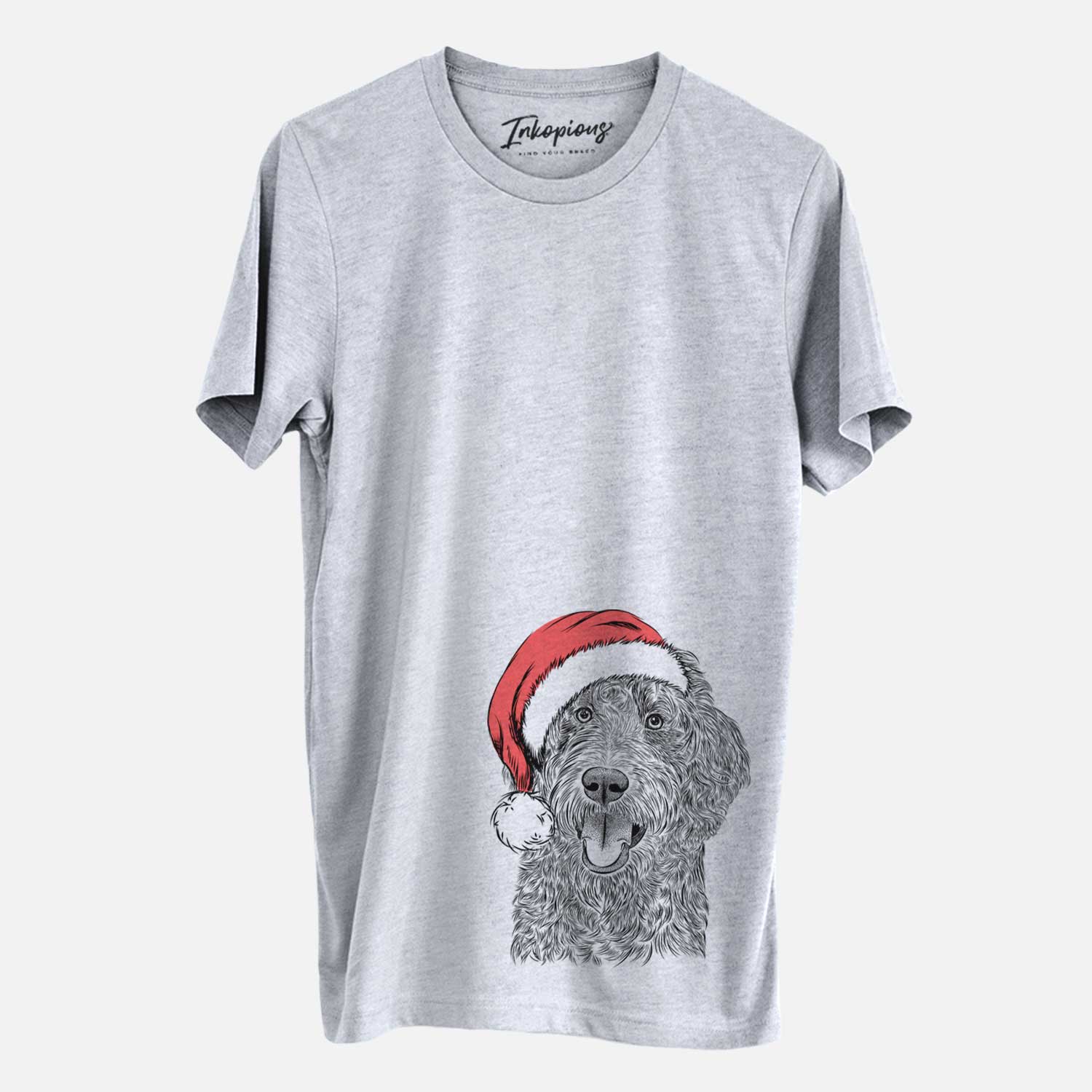 Hand-drawn sketch of Murr Dog the Labradoodle wearing a Santa hat on a Grey Unisex crewneck