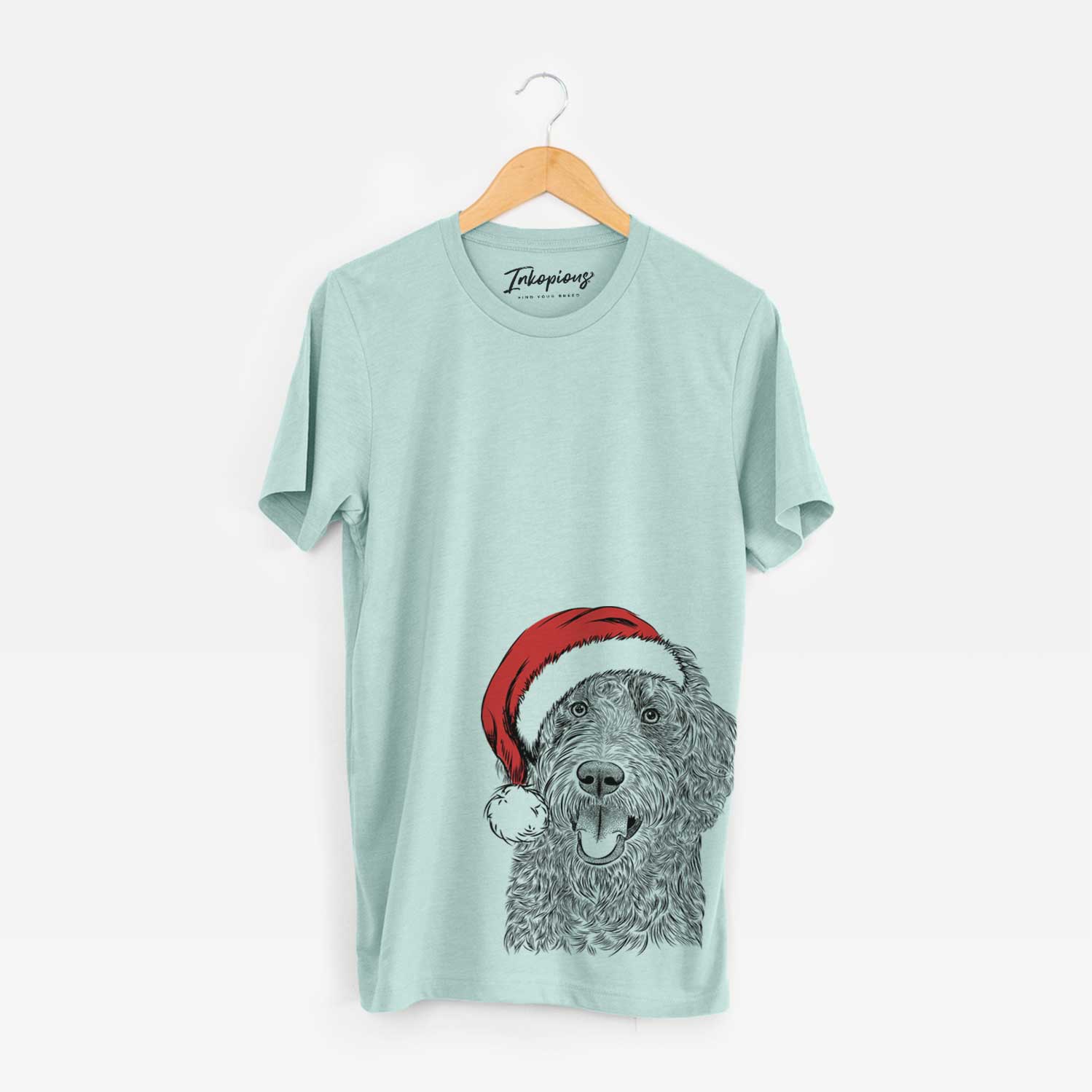 Hand-drawn sketch of Murr Dog the Labradoodle wearing a Santa hat on a Heather Sage Unisex crewneck