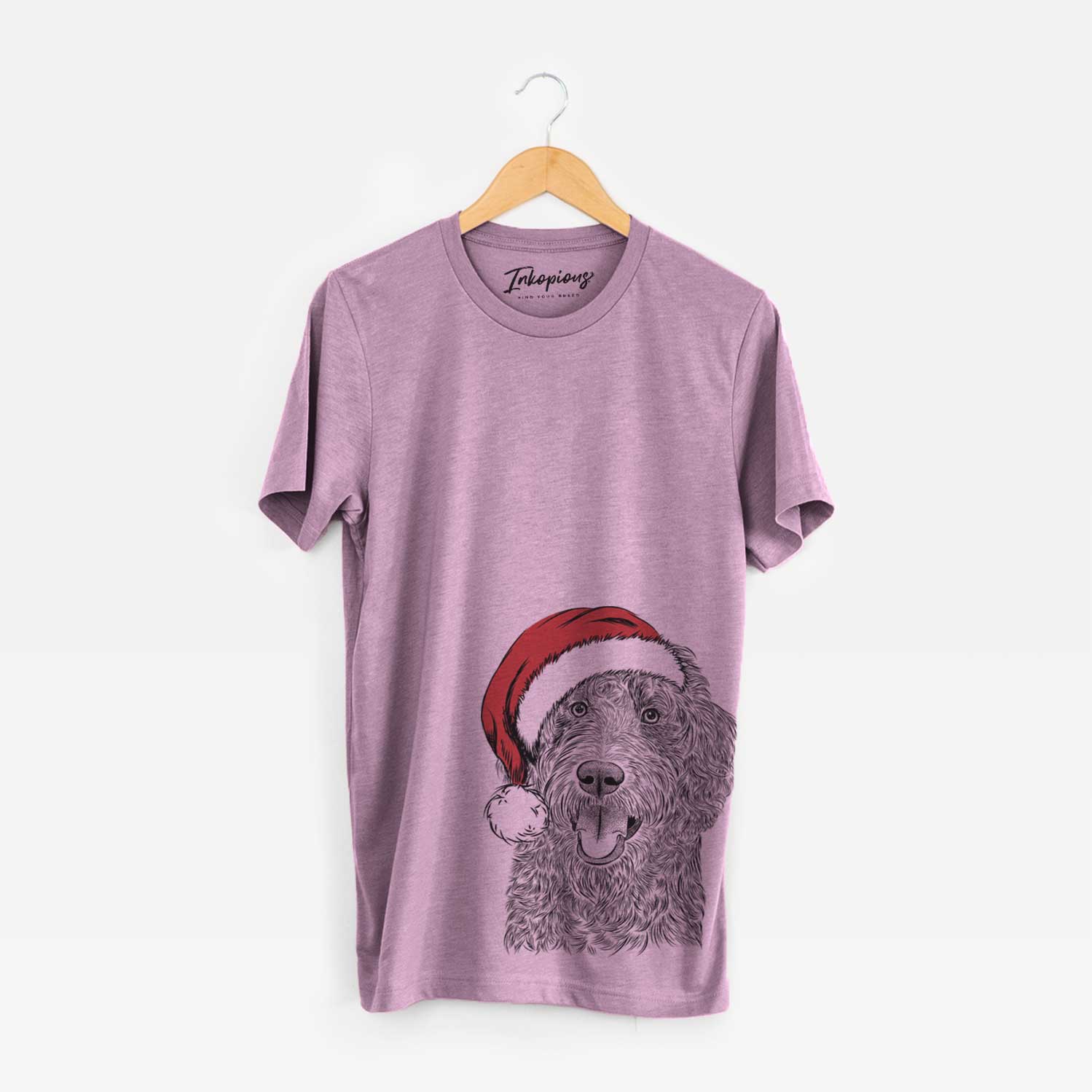 Hand-drawn sketch of Murr Dog the Labradoodle wearing a Santa hat on an Orchid Unisex crewneck