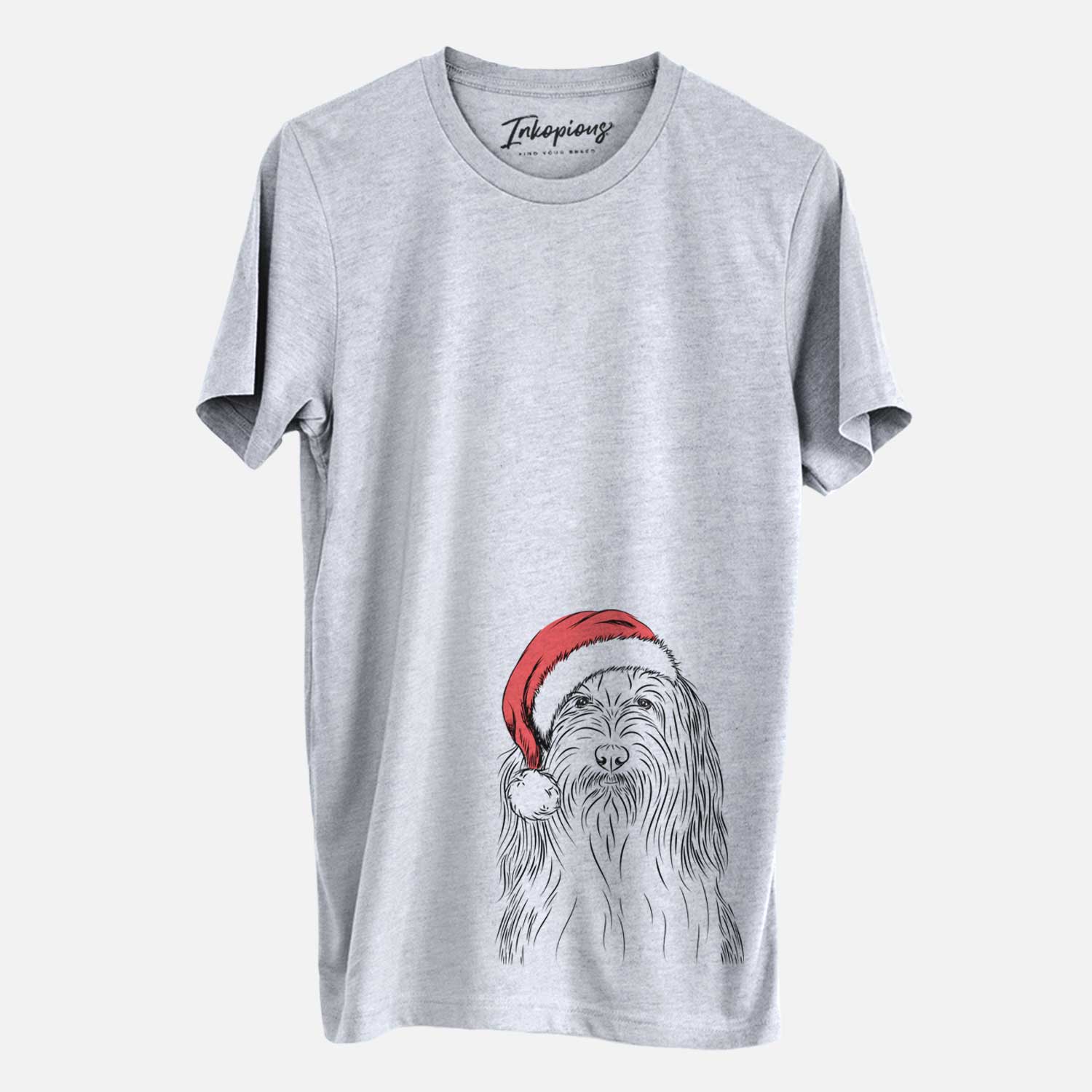Hand-drawn sketch of Murray the Bearded Collie wearing a Santa hat on a Grey Unisex crewneck
