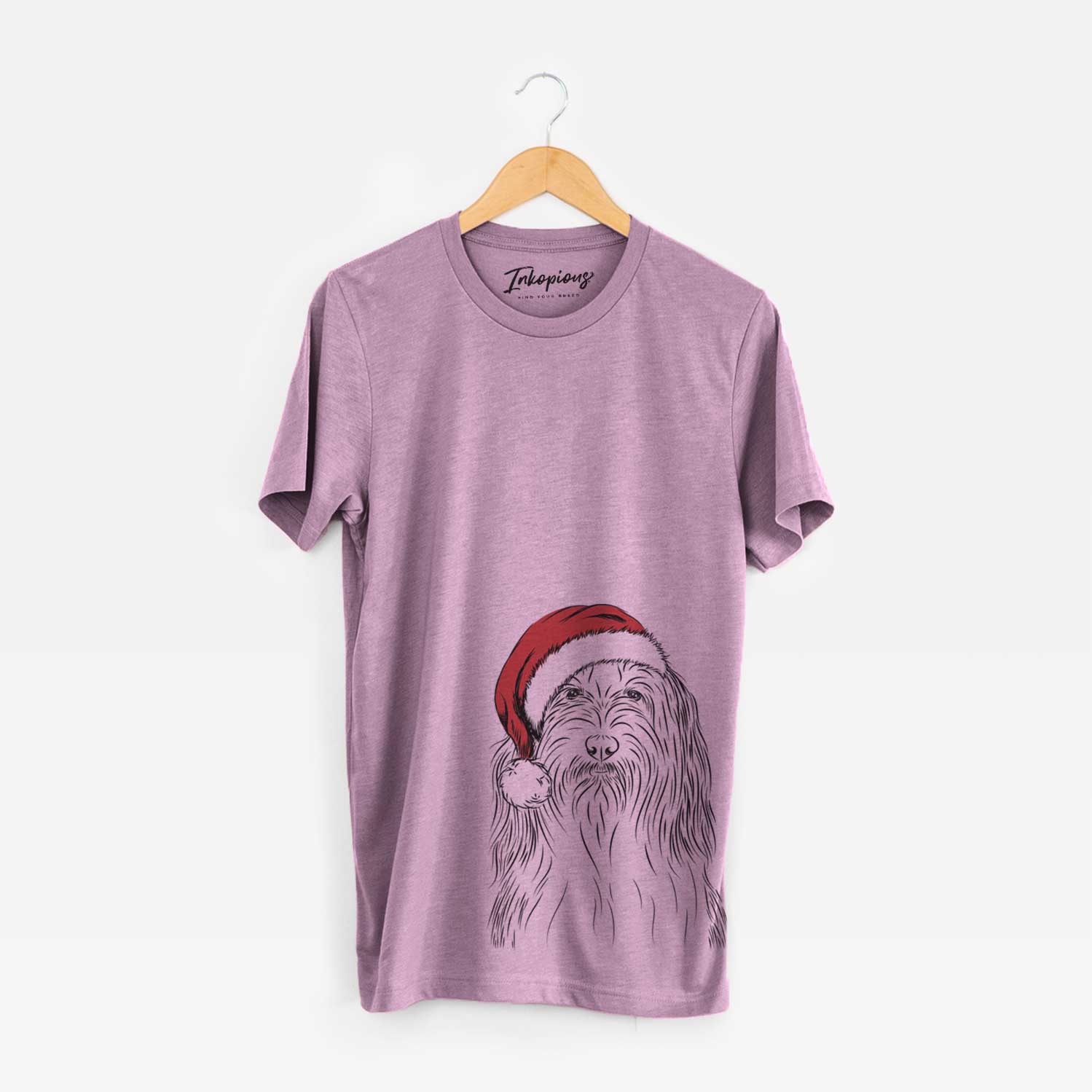 Hand-drawn sketch of Murray the Bearded Collie wearing a Santa hat on an Orchid Unisex crewneck