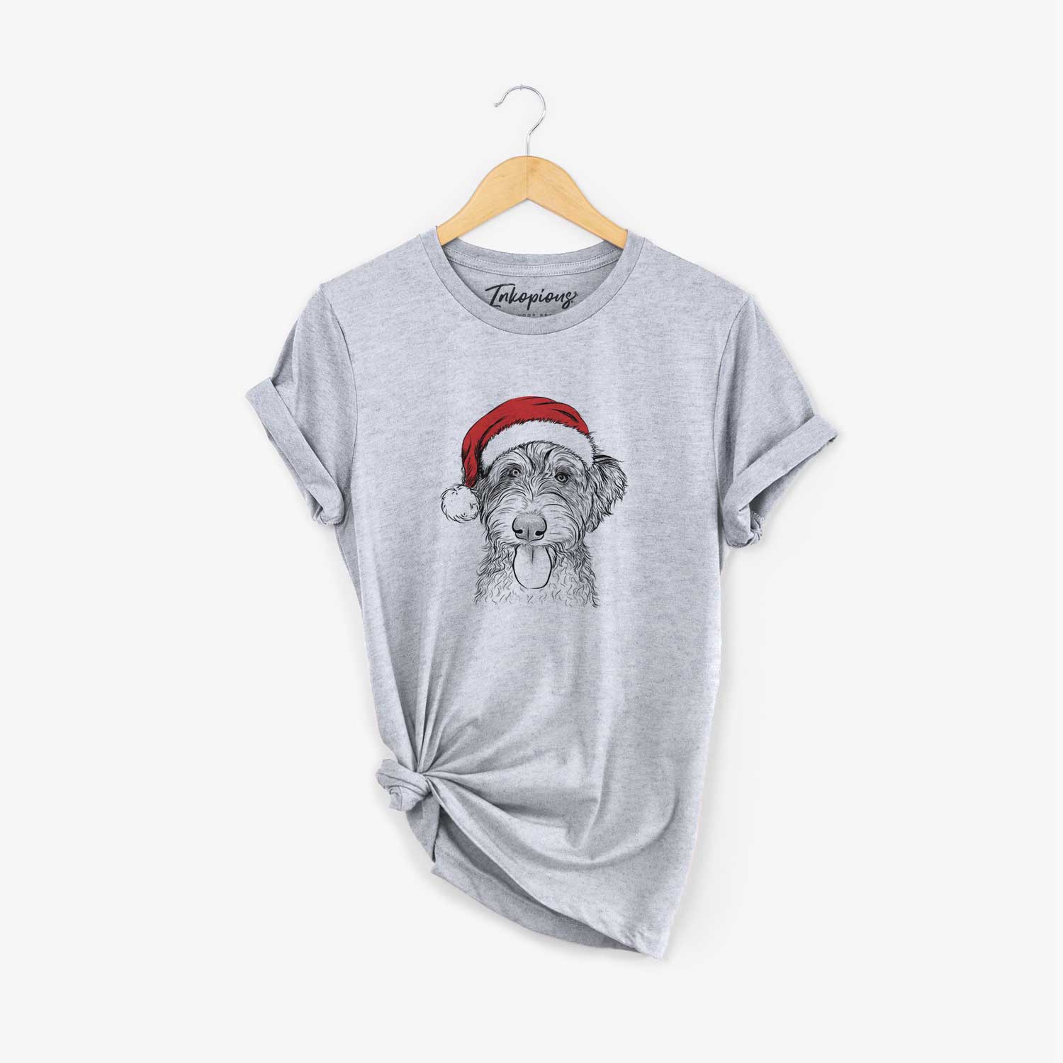 Hand-drawn sketch of Myrtle Mae the Aussiedoodle wearing a Santa hat on a Grey Unisex crewneck