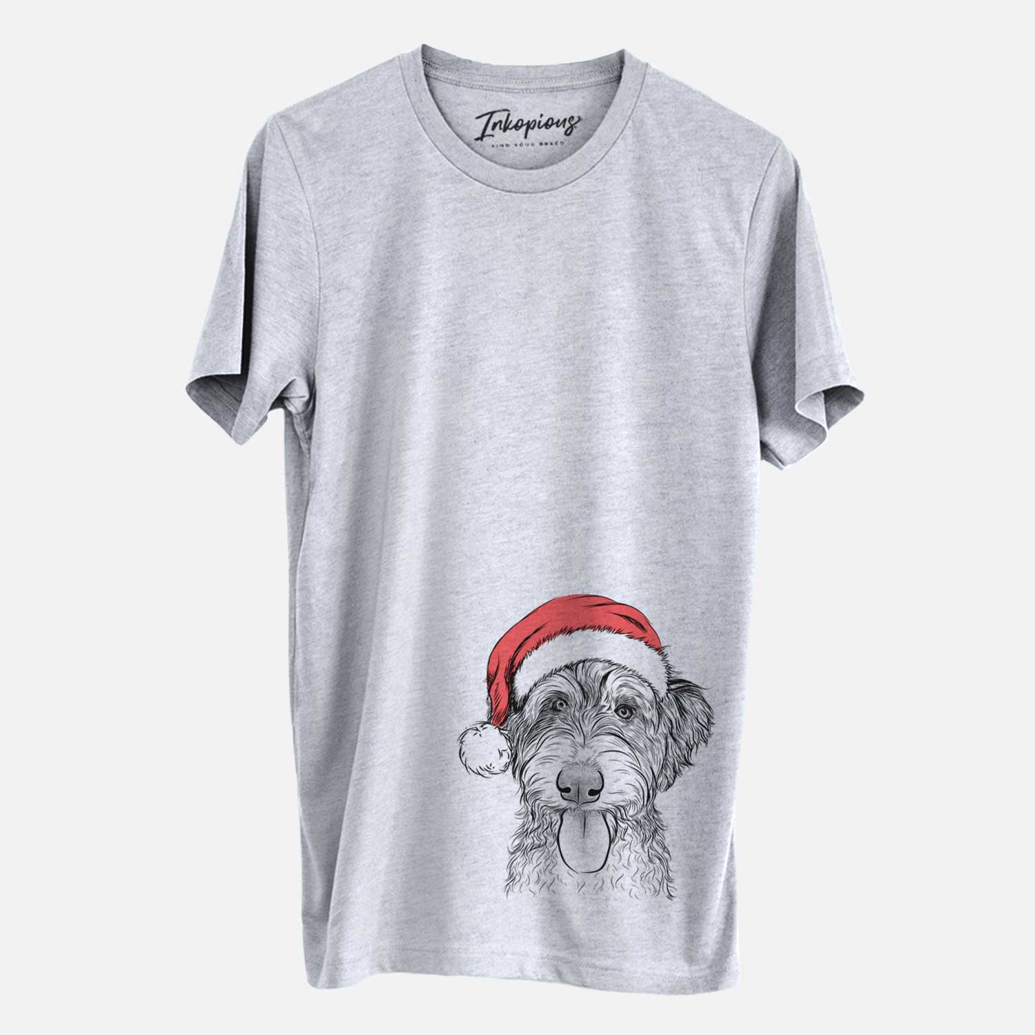 Hand-drawn sketch of Myrtle Mae the Aussiedoodle wearing a Santa hat on a Grey Unisex crewneck