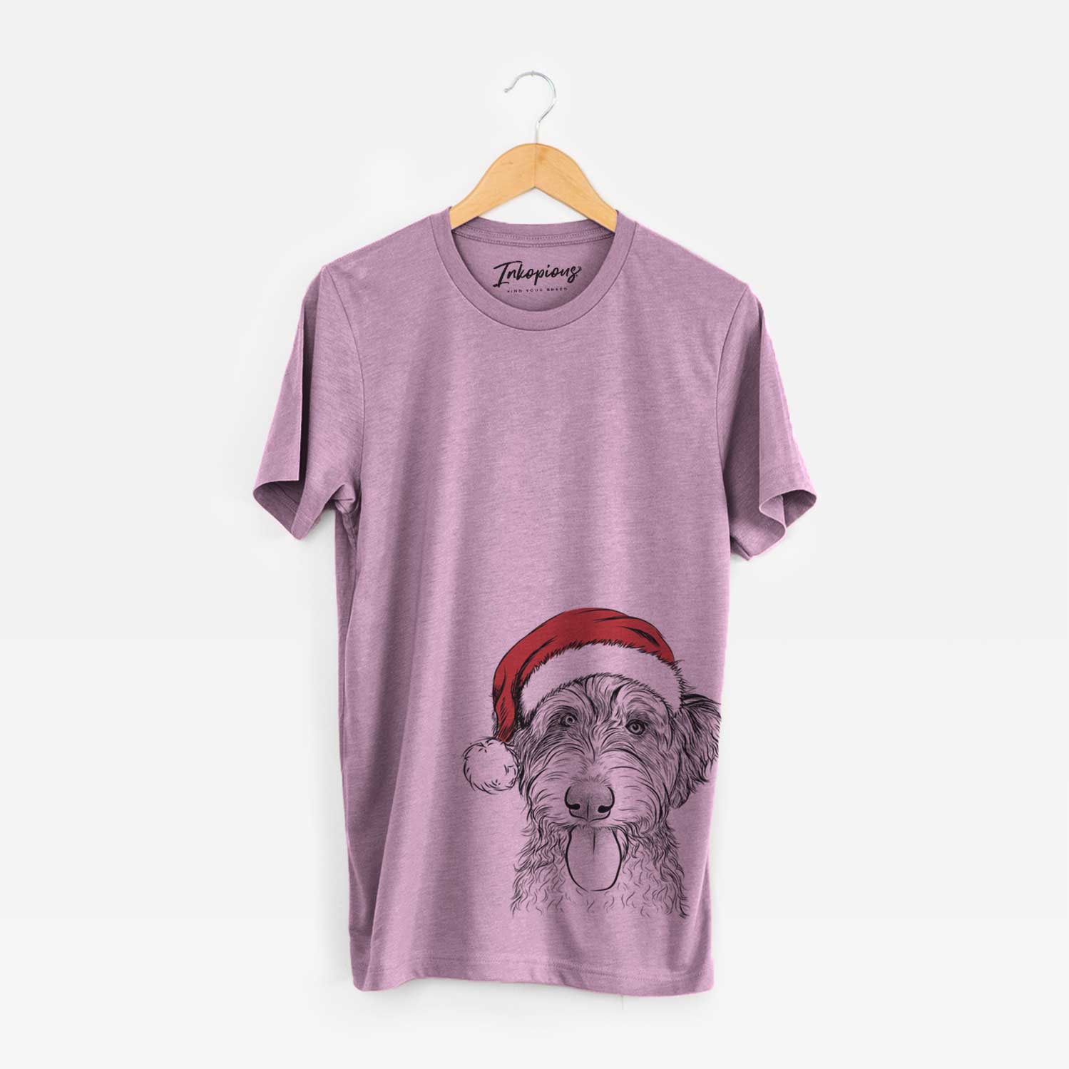 Hand-drawn sketch of Myrtle Mae the Aussiedoodle wearing a Santa hat on an Orchid Unisex crewneck