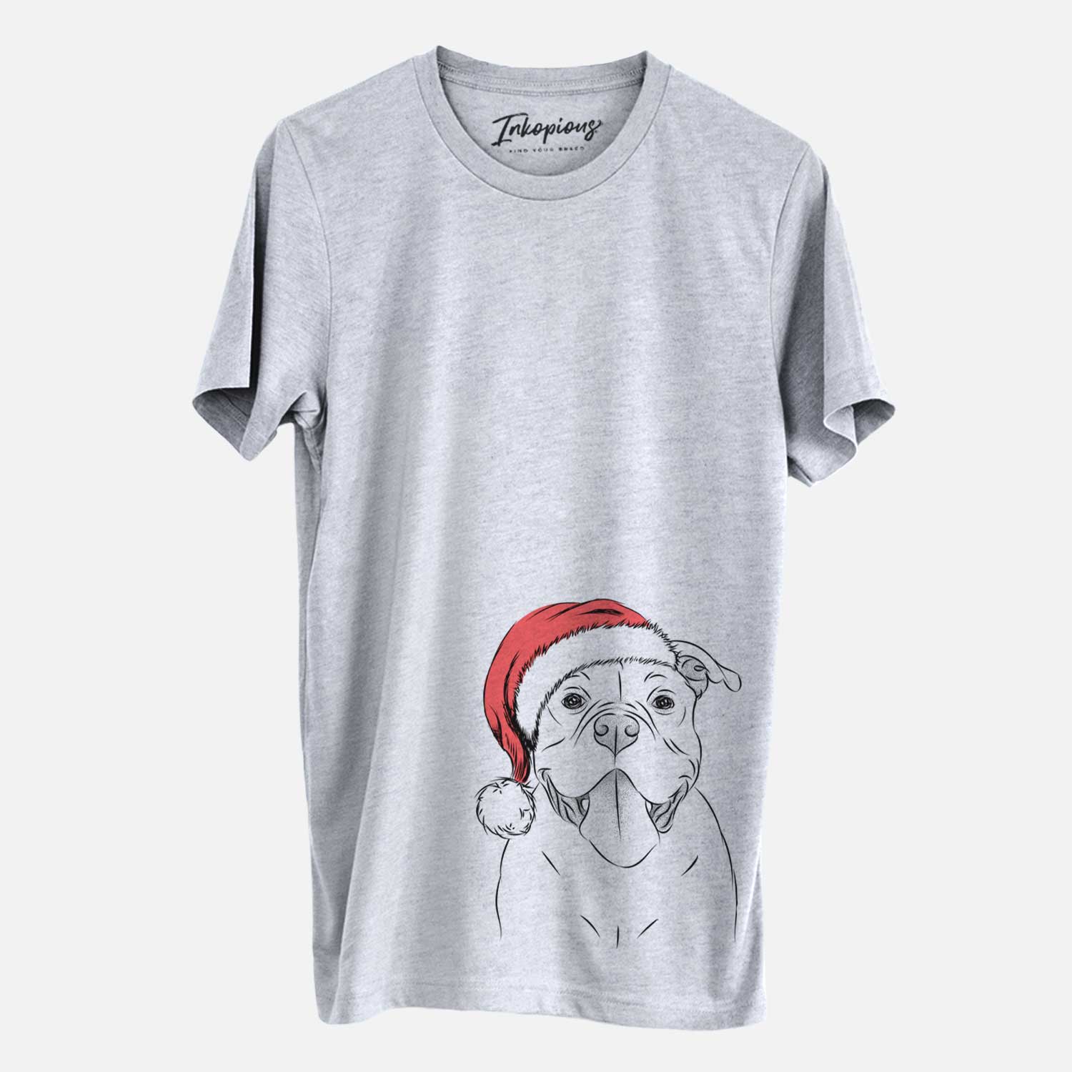 Hand-drawn sketch of Nacho the American Bully wearing a Santa hat on a Grey Unisex crewneck
