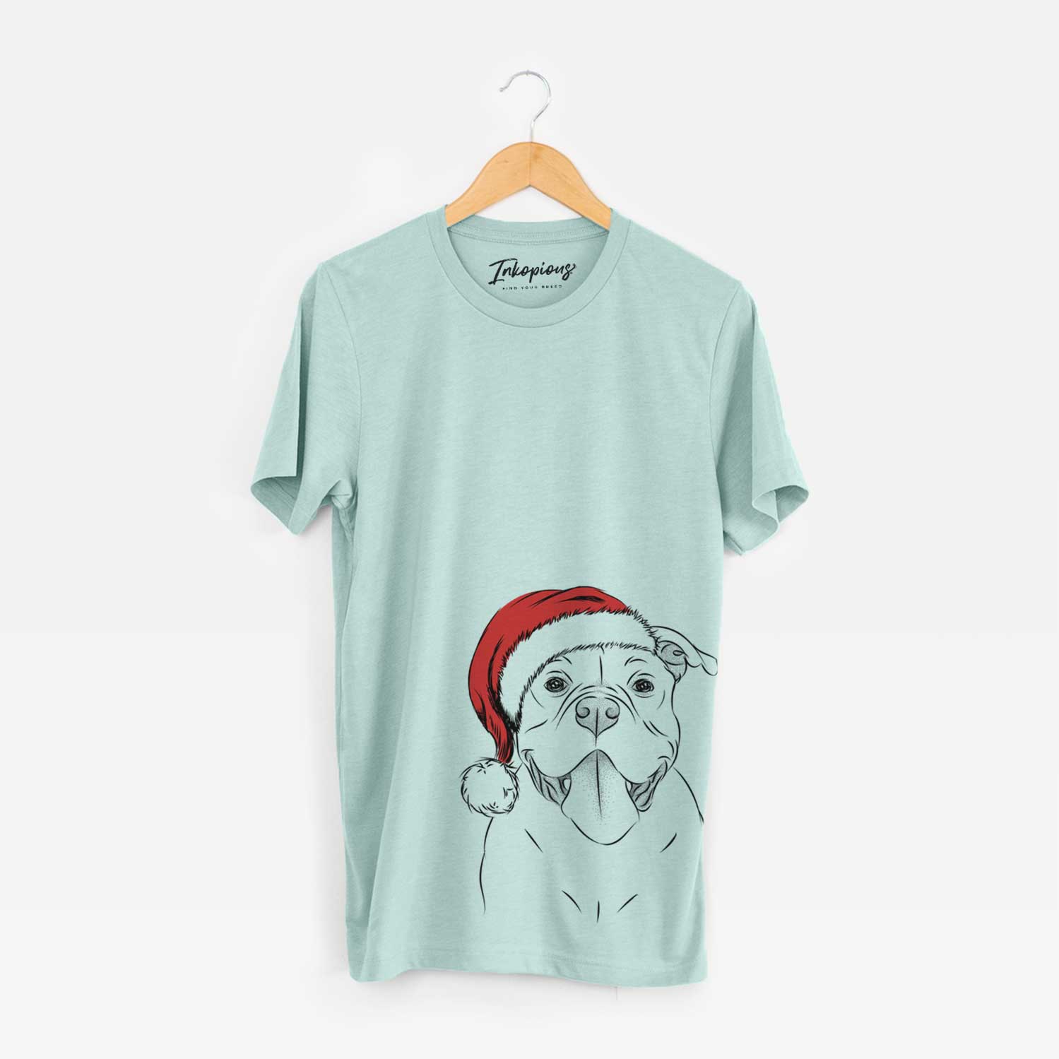 Hand-drawn sketch of Nacho the American Bully wearing a Santa hat on a Heather Sage Unisex crewneck