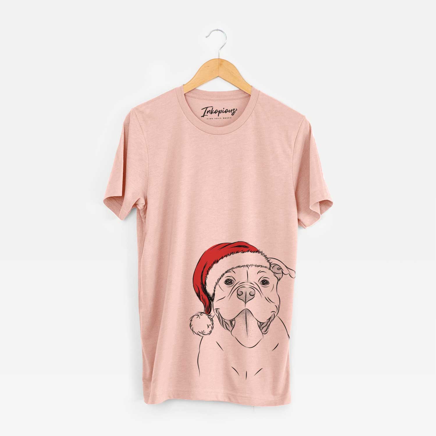 Hand-drawn sketch of Nacho the American Bully wearing a Santa hat on a Peach Unisex crewneck