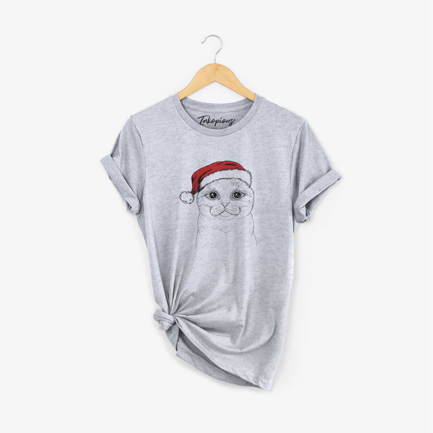 Hand-drawn sketch of Neko the Scottish Fold Cat wearing a Santa hat on a Grey Unisex crewneck