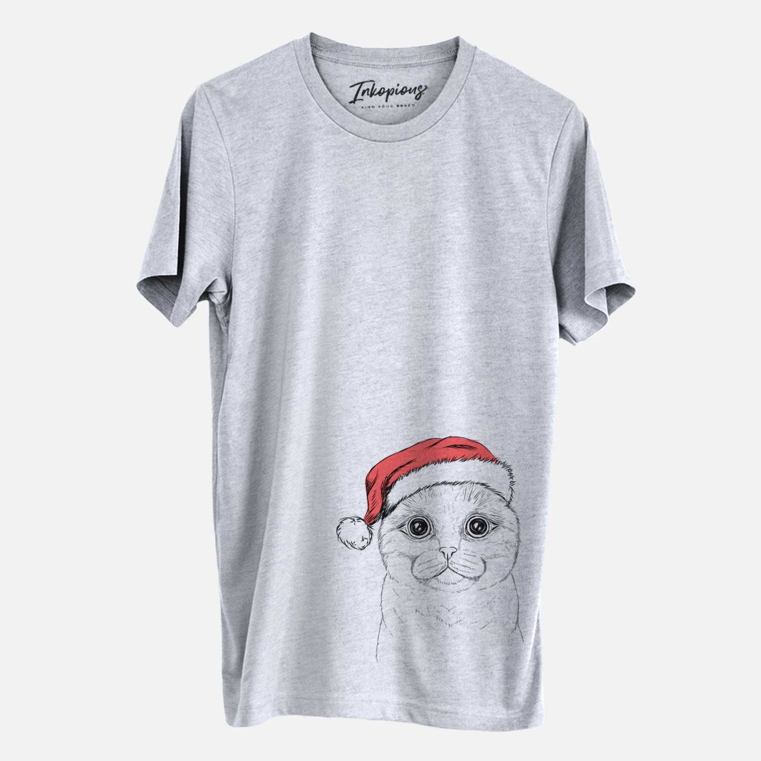 Hand-drawn sketch of Neko the Scottish Fold Cat wearing a Santa hat on a Grey Unisex crewneck