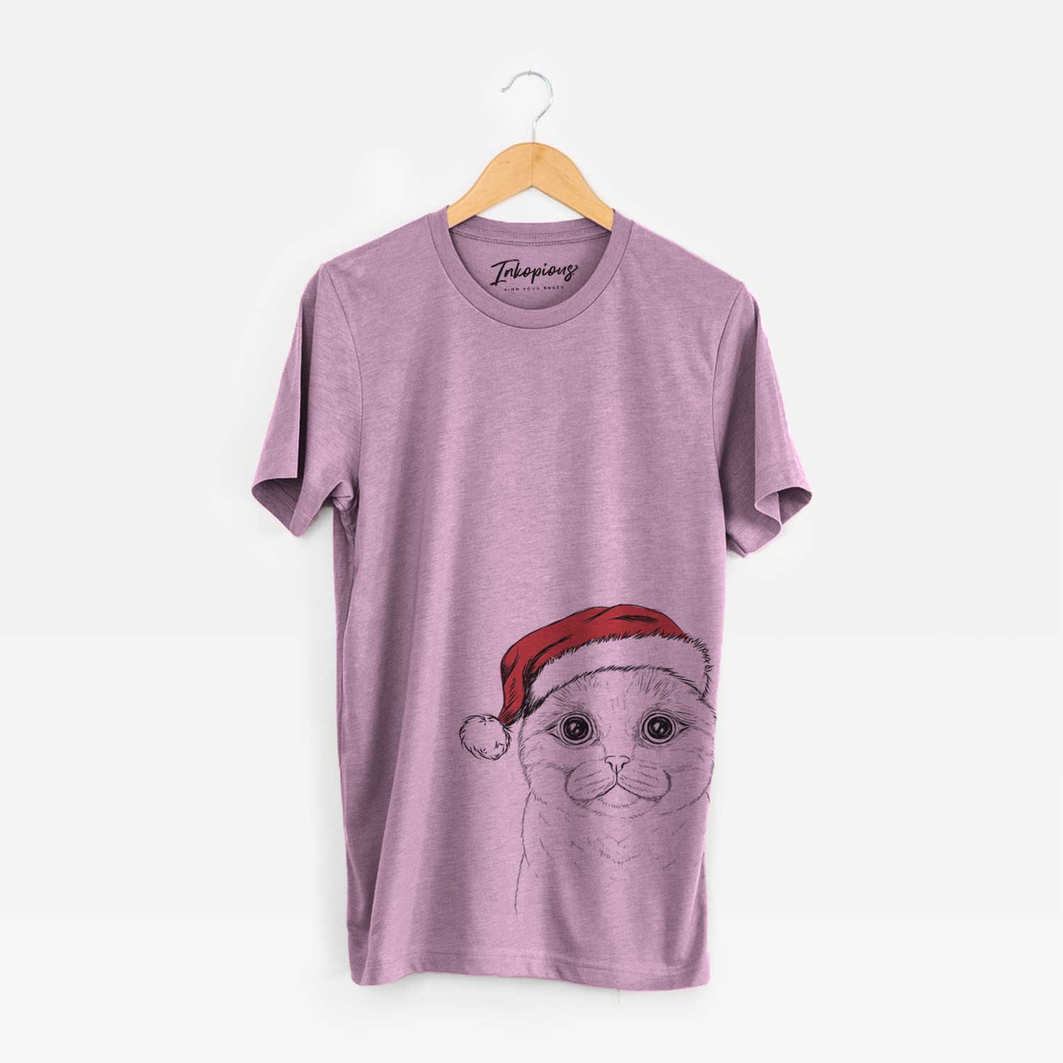 Hand-drawn sketch of Neko the Scottish Fold Cat wearing a Santa hat on an Orchid Unisex crewneck