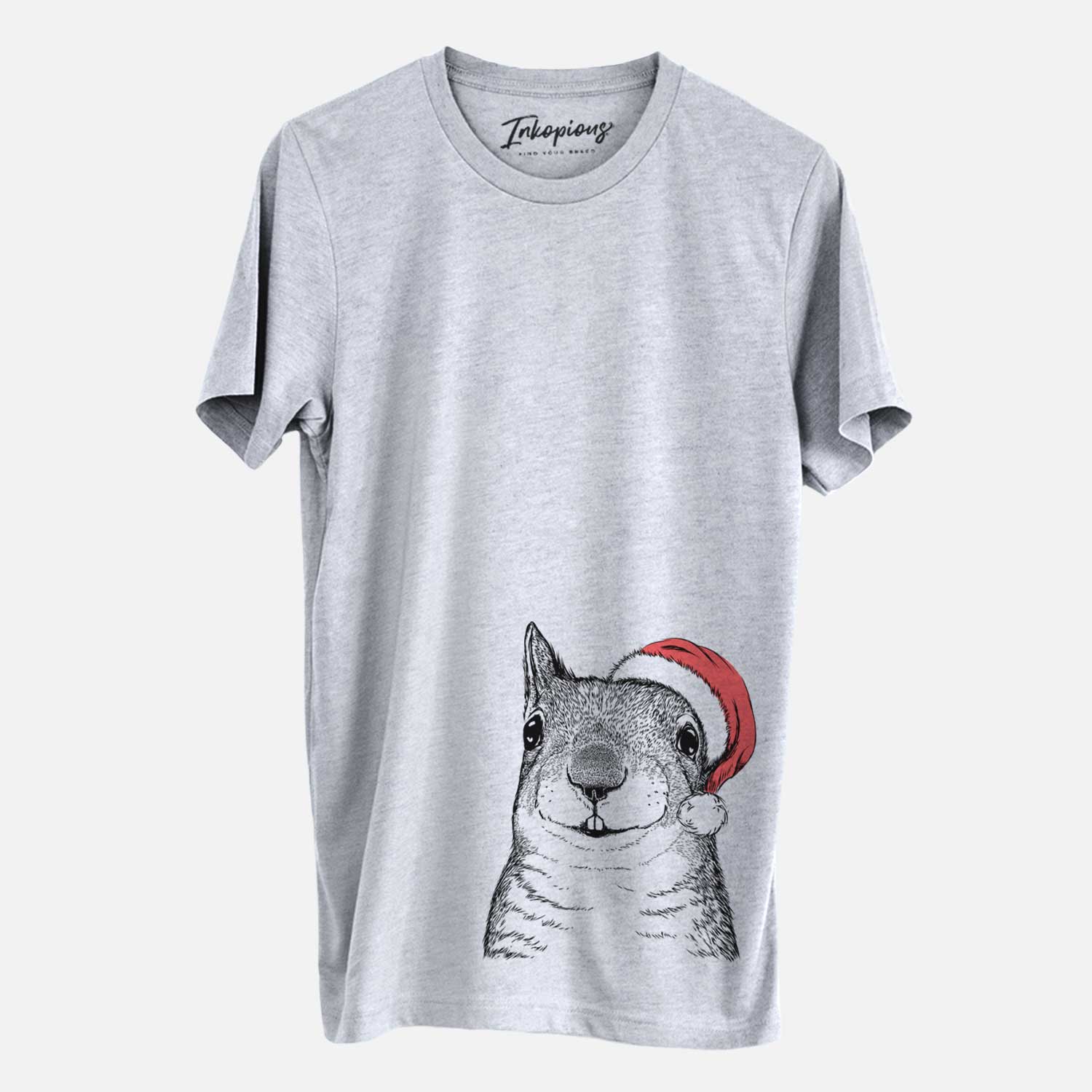 Hand-drawn sketch of Nibbles the Squirrel wearing a Santa hat on a Grey Unisex crewneck