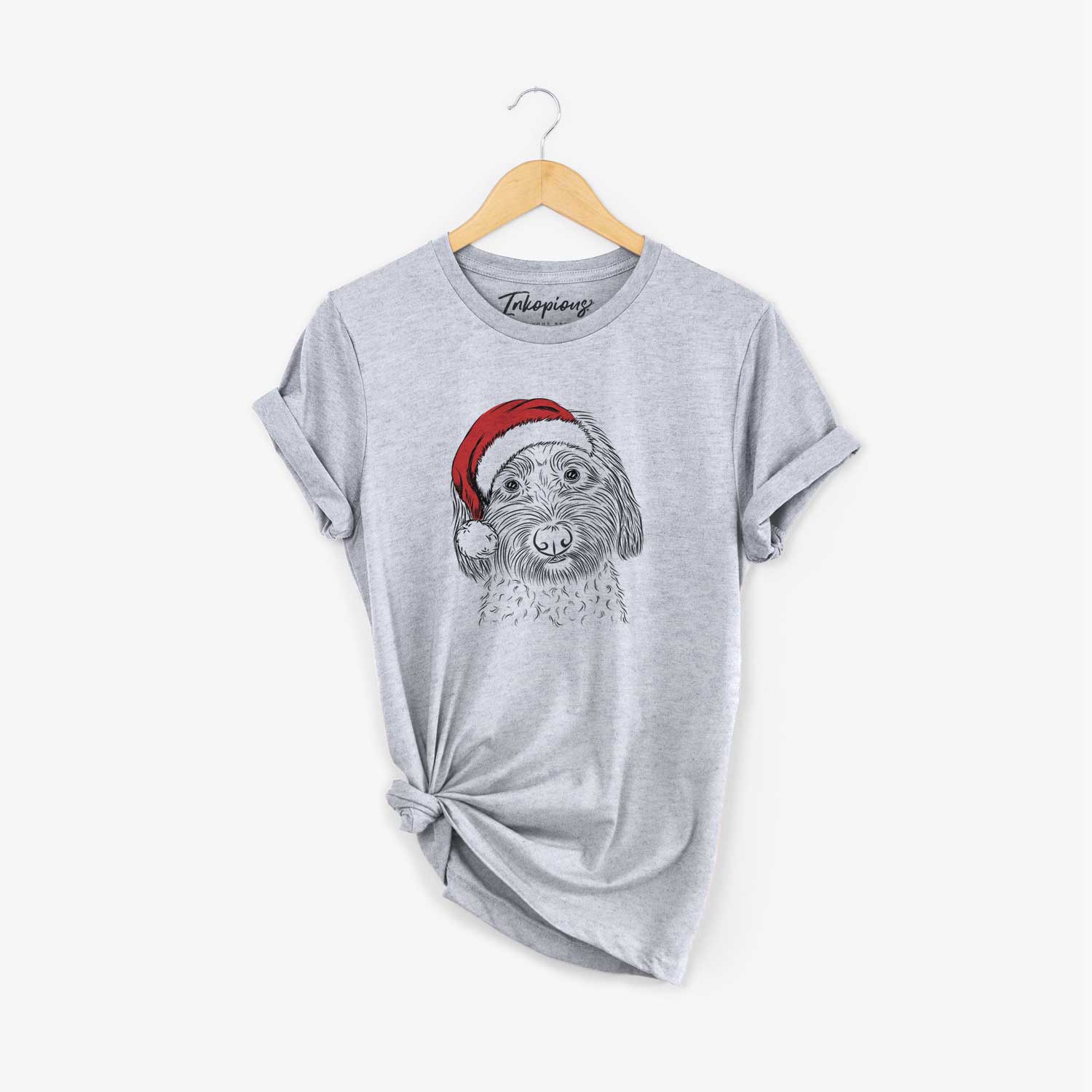 Hand-drawn sketch of Niles the Soft Coated Wheaten Terrier wearing a Santa hat on a Grey Unisex crewneck