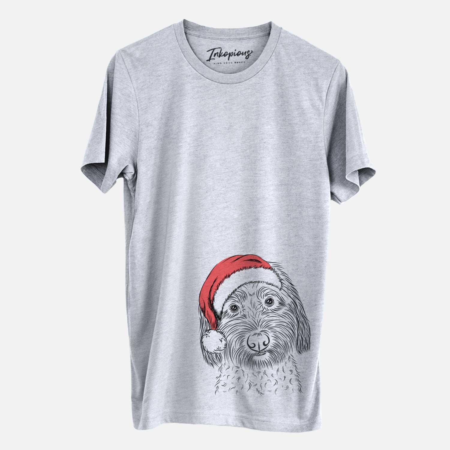Hand-drawn sketch of Niles the Soft Coated Wheaten Terrier wearing a Santa hat on a Grey Unisex crewneck