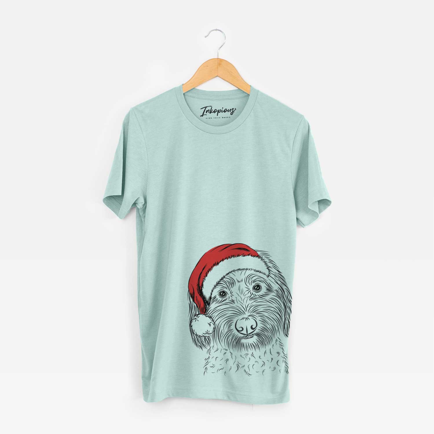 Hand-drawn sketch of Niles the Soft Coated Wheaten Terrier wearing a Santa hat on a Heather Sage Unisex crewneck