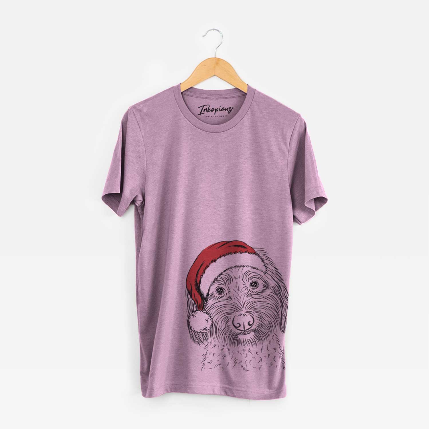 Hand-drawn sketch of Niles the Soft Coated Wheaten Terrier wearing a Santa hat on an Orchid Unisex crewneck